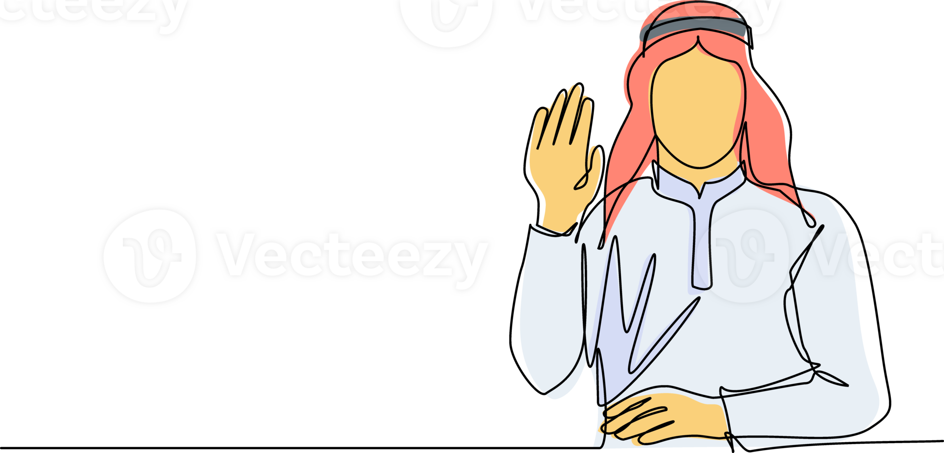 Single one line drawing young Arabian businessman showing palm as stop sign, stay, hold or rejection gesture. Emotion, body language concept. Continuous line draw design graphic illustration png