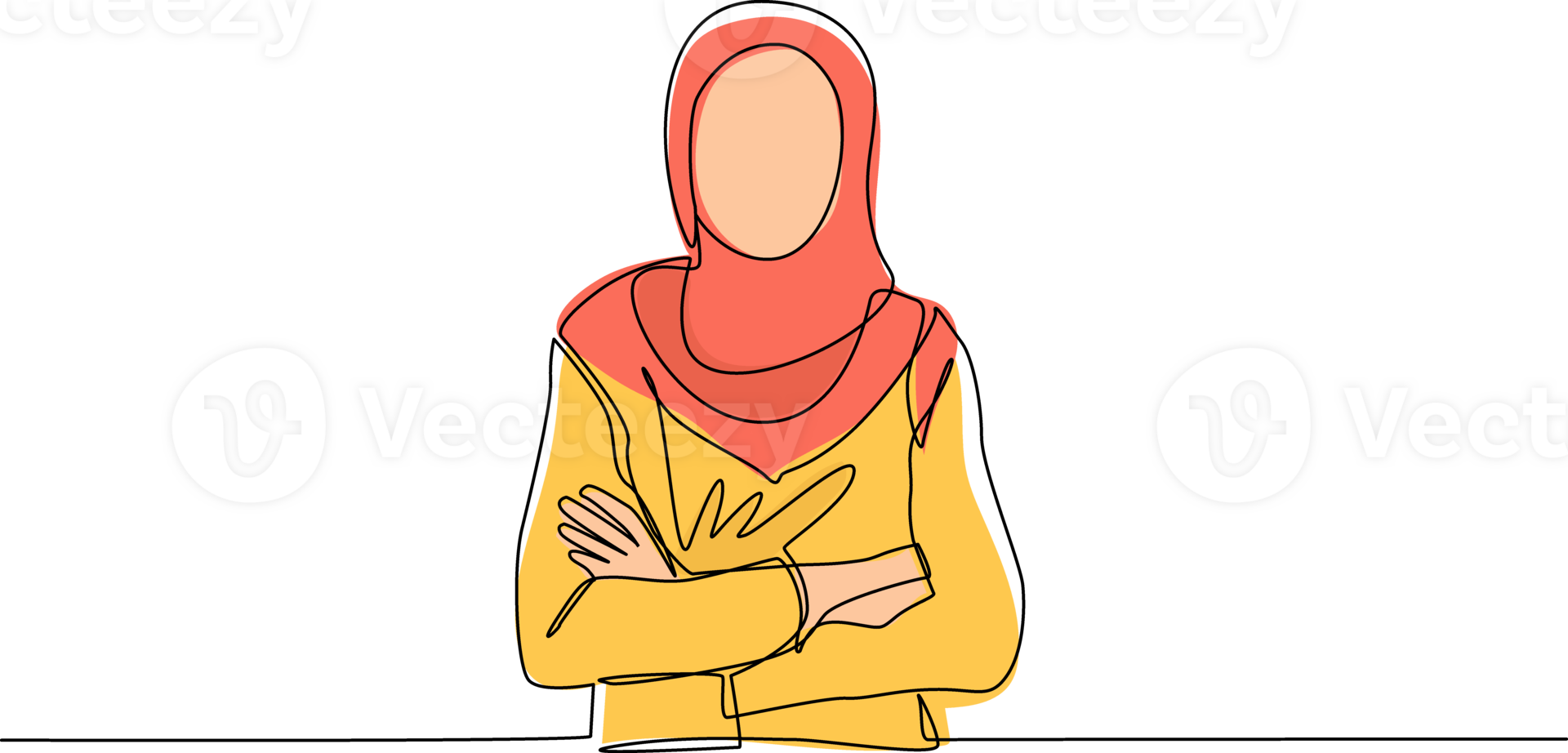 Continuous one line drawing smiling confident Arabian woman in hijab, keeping arms crossed. Active businesswoman standing with folded arms pose. Single line draw design graphic illustration png