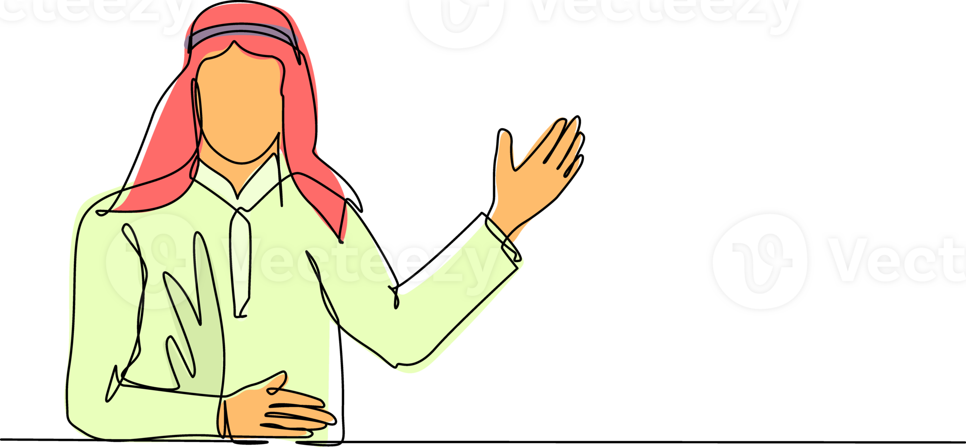 single doorlopend lijn tekening Arabisch mannetje in traditioneel kleren presenteren iets. jong zakenman tonen iets of presenteren project. een lijn trek grafisch ontwerp illustratie png