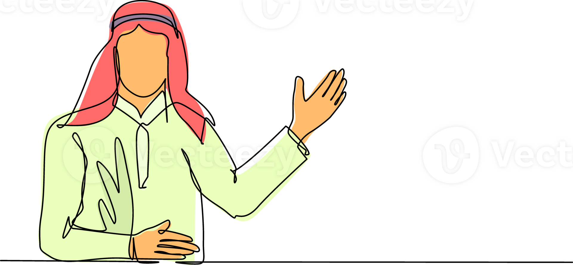 Single continuous line drawing Arabian male in traditional clothes presenting something. Young businessman showing something or presenting project. One line draw graphic design illustration png