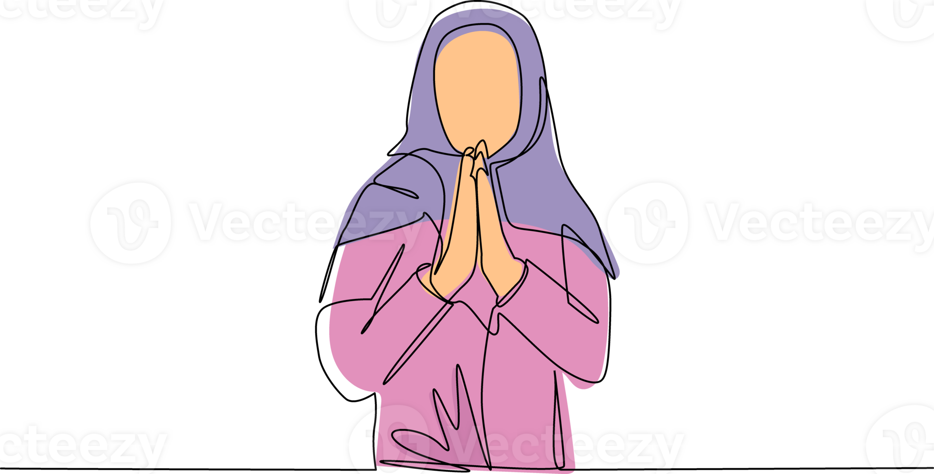 Single one line drawing Arabian businesswoman apologize, begging to client with hands together with hope expression on face very emotional and worried. Continuous line draw design illustration png