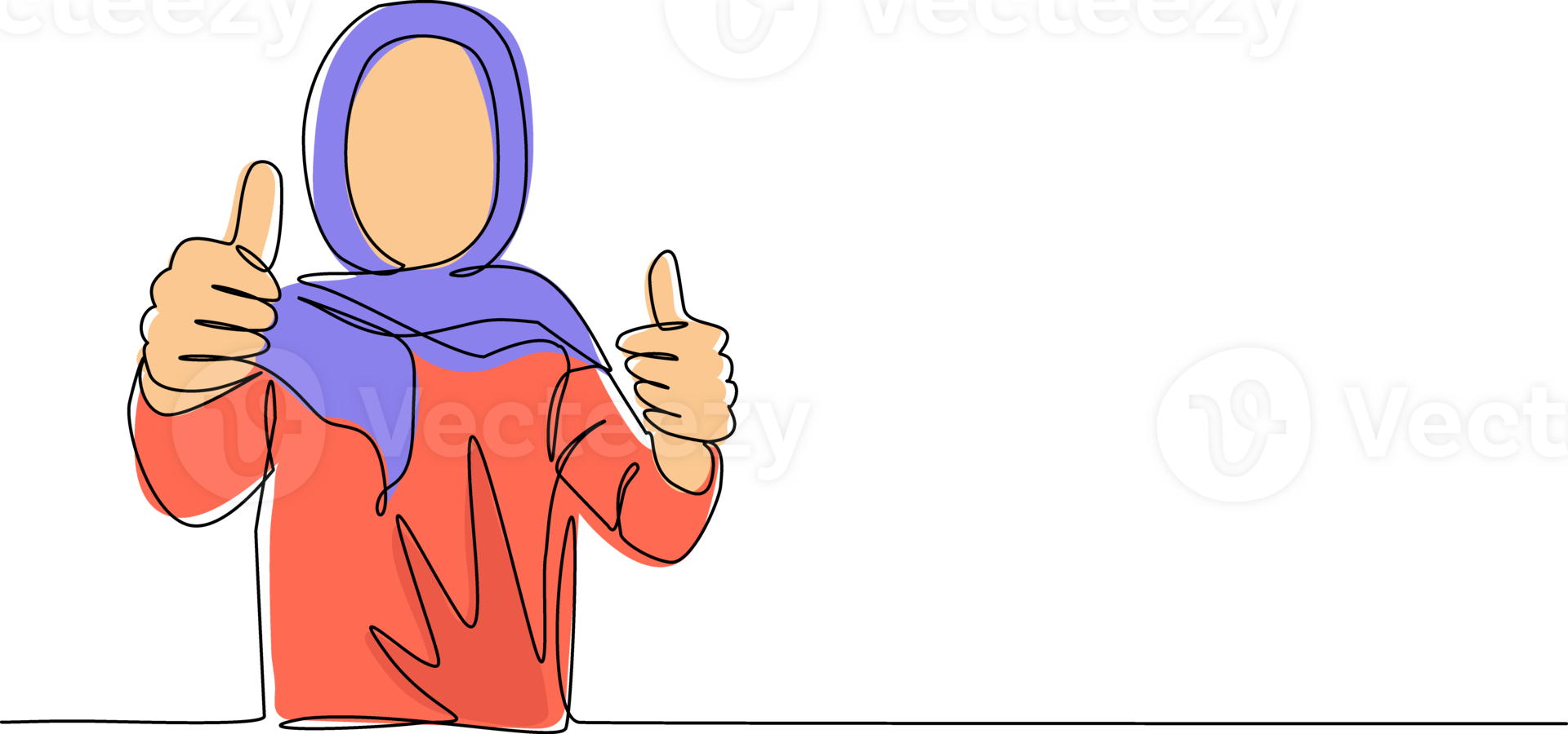 Single one line drawing confident Arab businesswoman thumbs up. Excited female dressed in hijab showing thumbs up sign. Deal, like, agree, approve, accept. Continuous line draw design graphic png