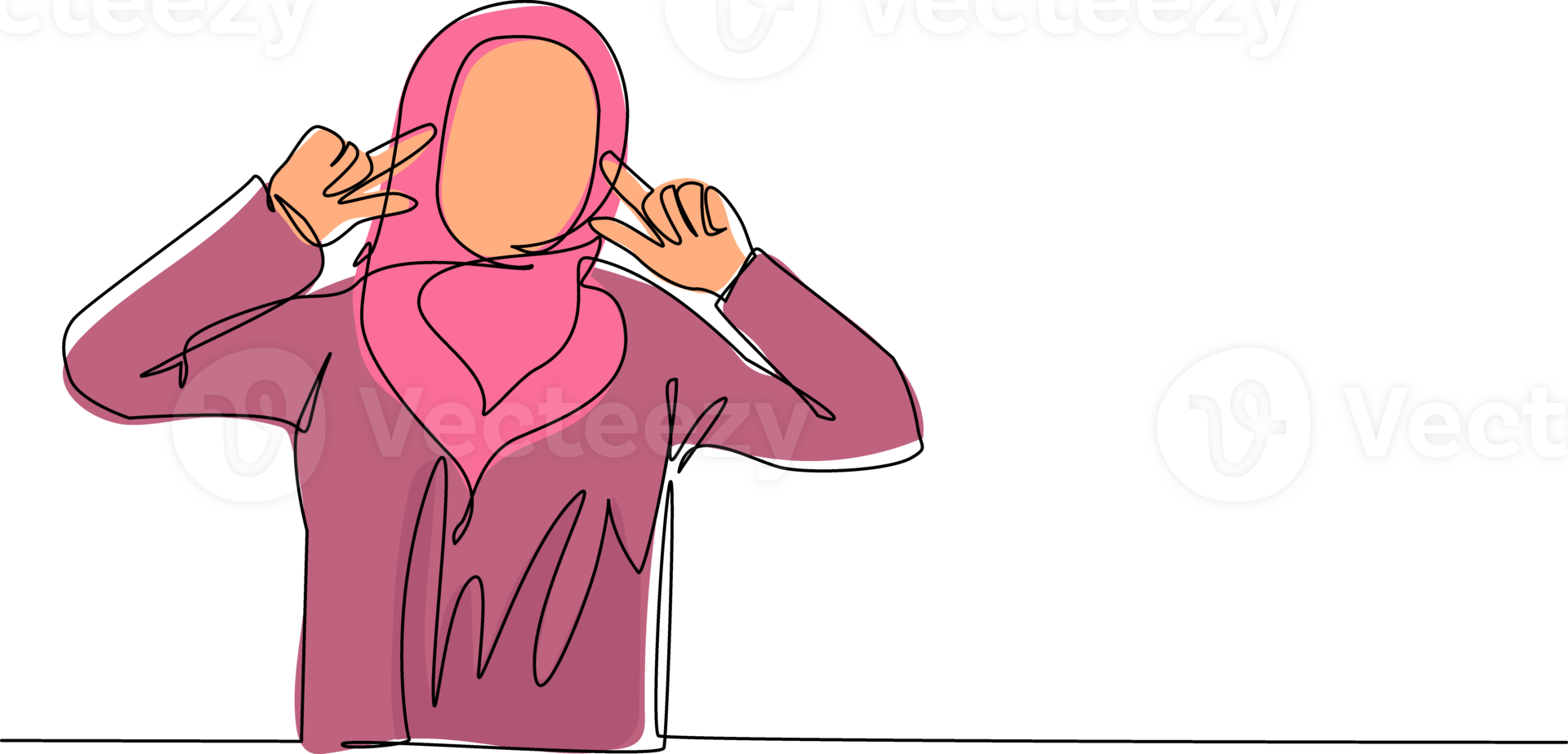 Single continuous line drawing young Arab woman covering ears with fingers with annoyed expression for noise of loud sound or music while eyes closed. One line draw graphic design illustration png