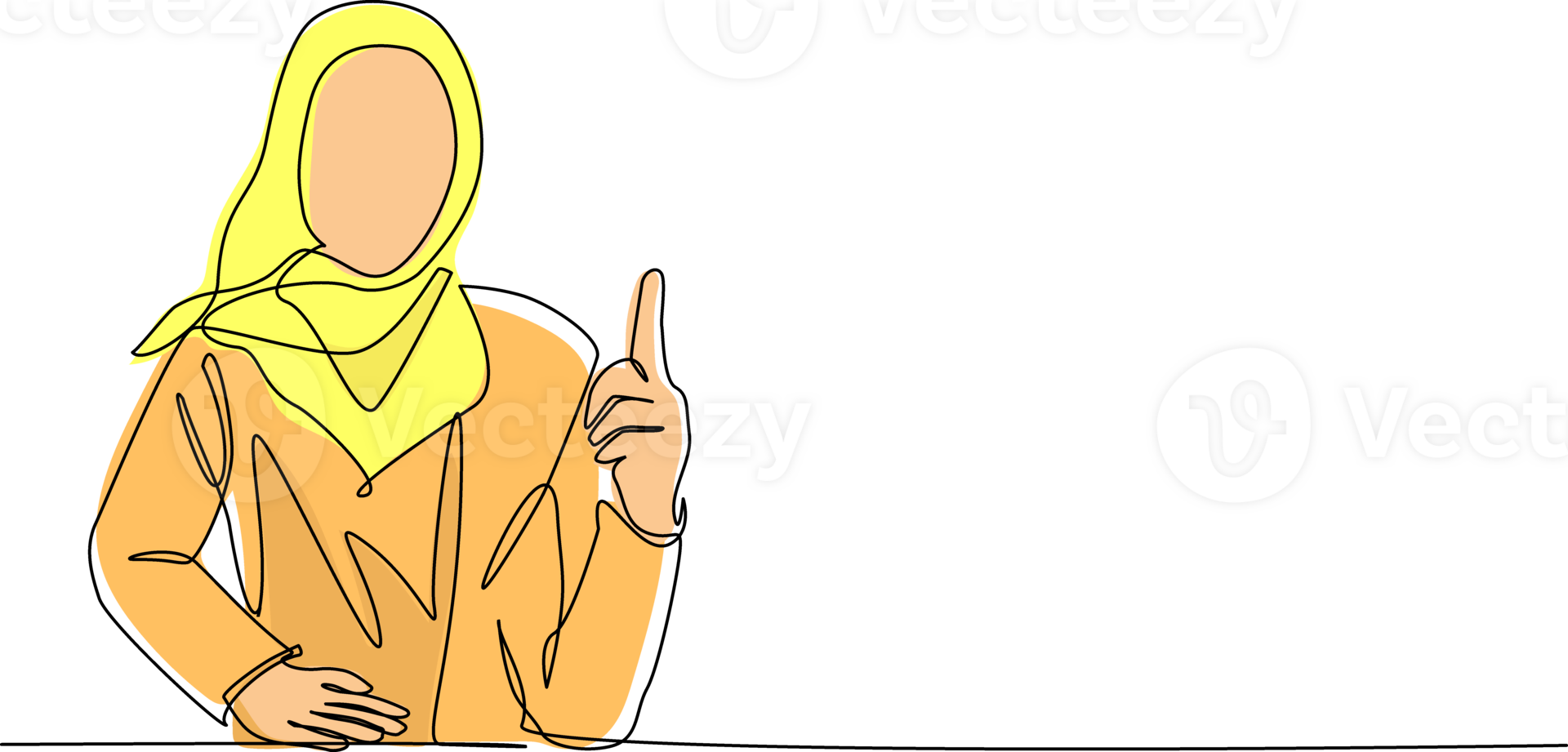 Single continuous line drawing young Arab female pointing up finger while standing and smiling. Happy woman pointing copy space. Emotion and body language concept. One line draw graphic design png