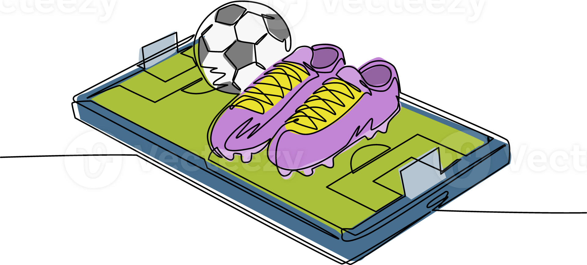 Continuous one line drawing soccer shoes and soccer balls on smartphone screen. Smartphone with app soccer football. Mobile sport stream championship to play. Single line draw design graphic png