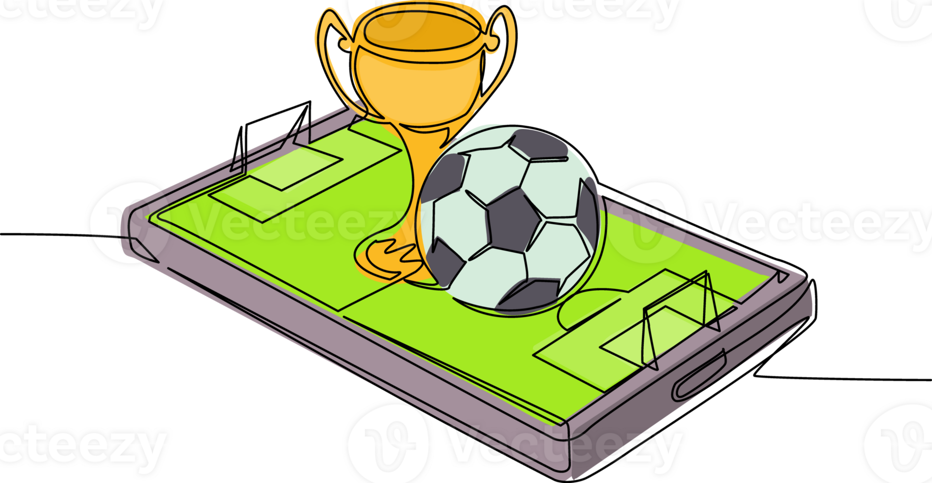 Single continuous line drawing soccer ball and trophy cup over virtual football field smartphone screen. Mobile football soccer. Online soccer game with live mobile app. One line draw design png