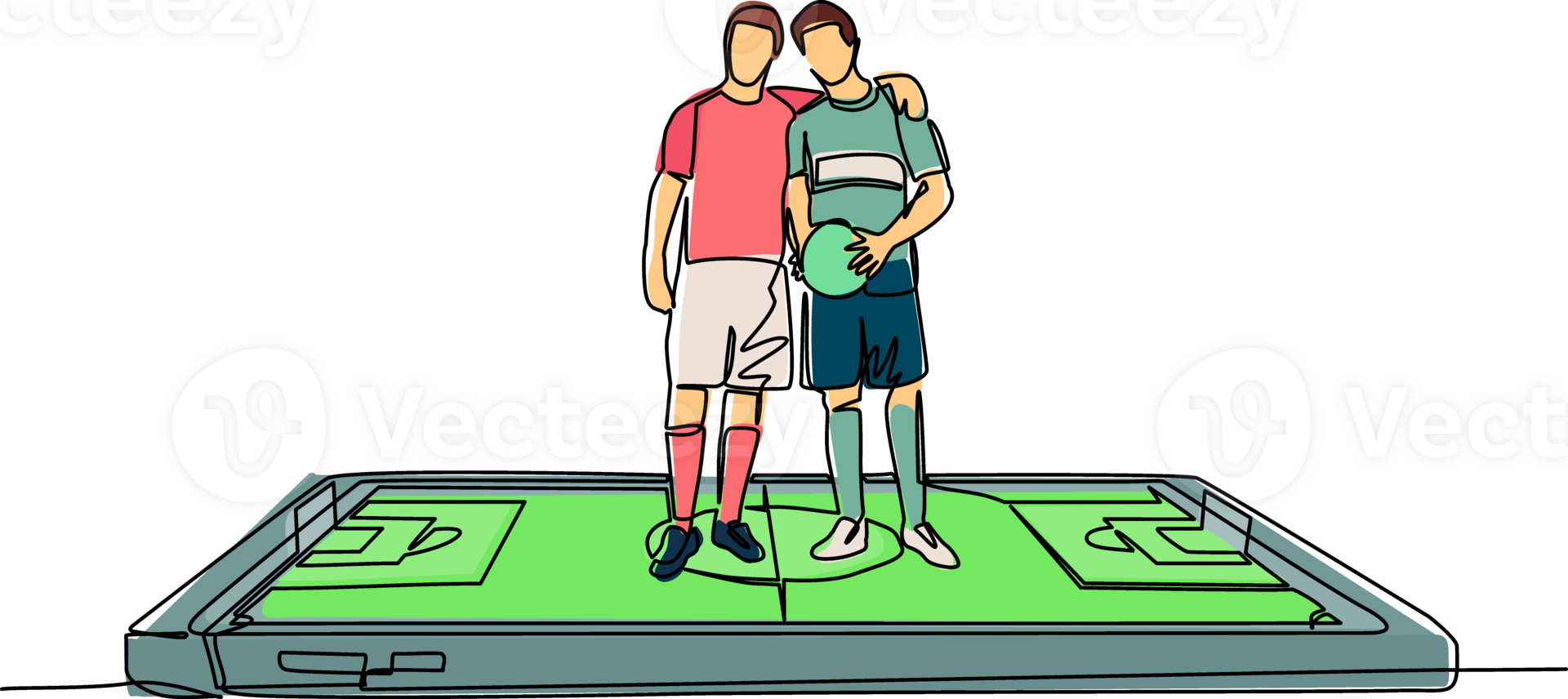 Single continuous line drawing two soccer players embrace each other on surface of smartphone. Mobile football soccer. Mobile sport play match. Dynamic one line draw graphic design illustration png