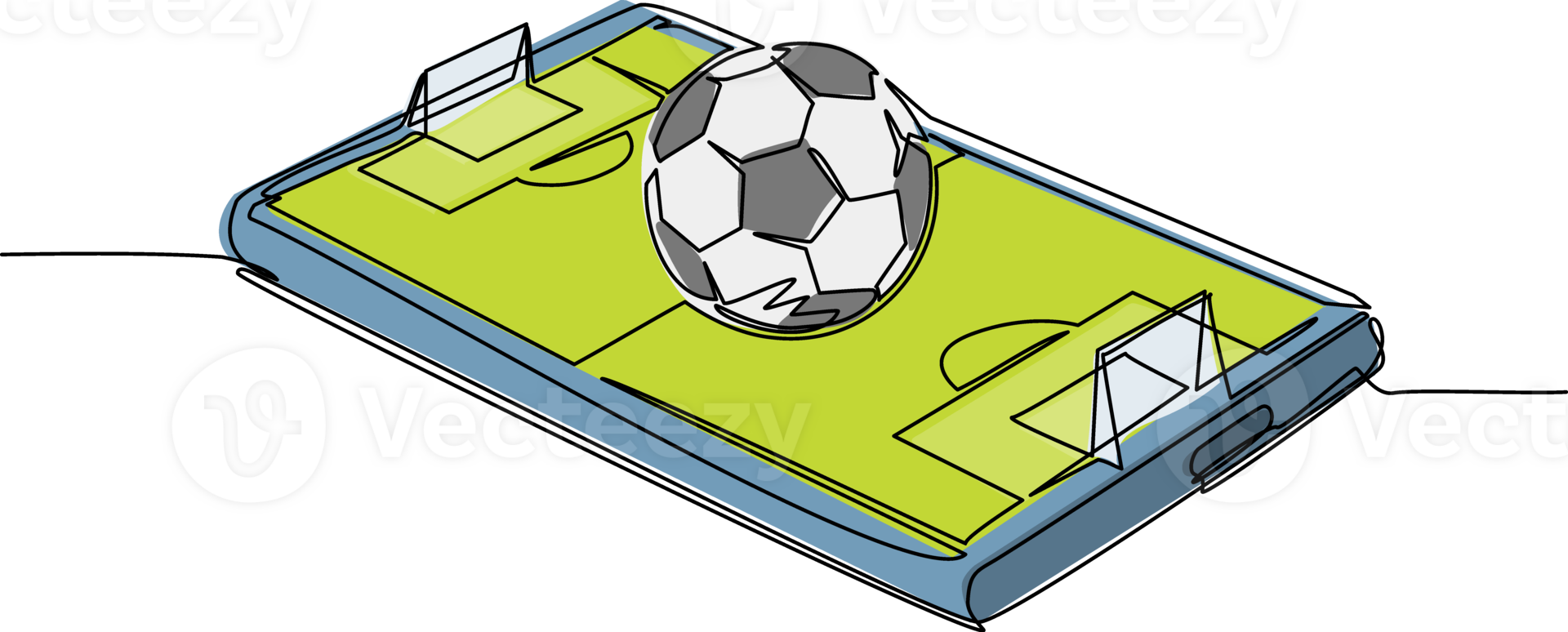 Single continuous line drawing soccer ball over virtual football field smartphone screen. Smartphone with app soccer football. Mobile sport stream championship to play. One line draw design png