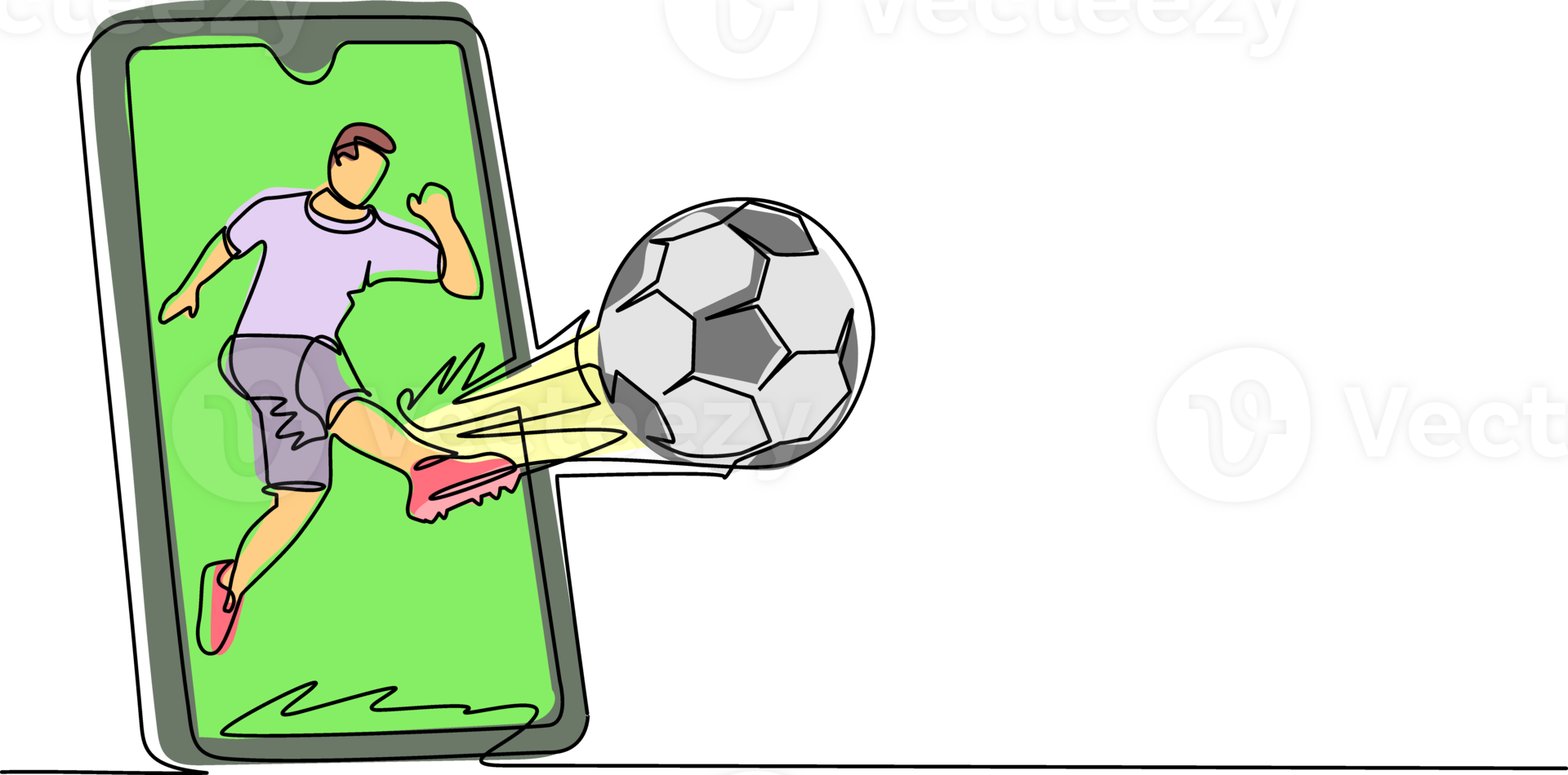Single continuous line drawing soccer player shooting ball and getting out of smartphone screen. Mobile sports play match. Online soccer game with live mobile app. One line draw graphic design png