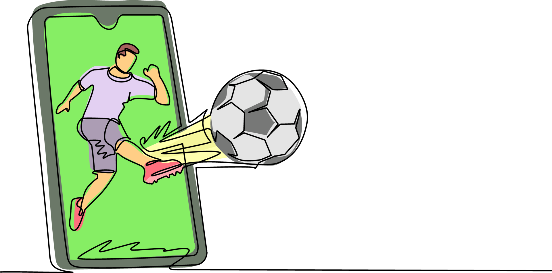 Single continuous line drawing soccer player shooting ball and getting out of smartphone screen. Mobile sports play match