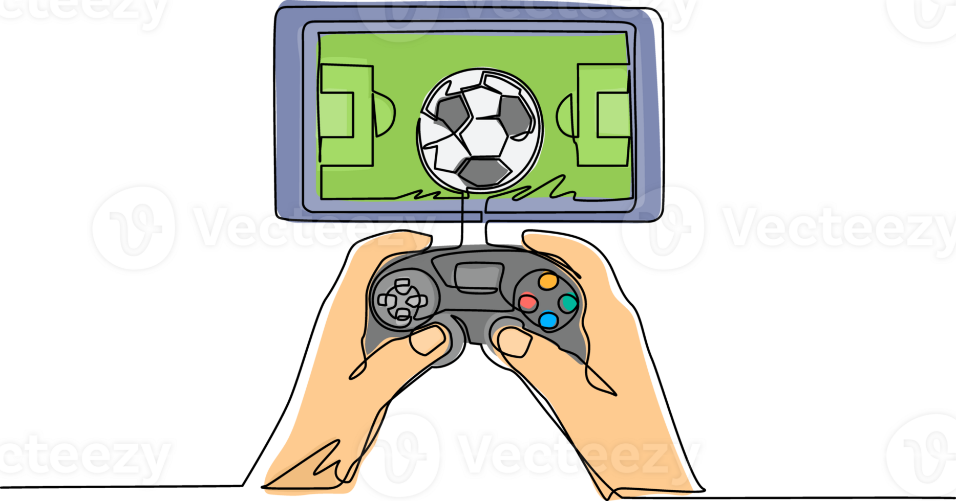 Single kontinuierlich Linie Zeichnung Smartphone in Verbindung gebracht mit Gamepad und spielen Fußball Spiele. online Fußball Spiele. Smartphone Anwendungen