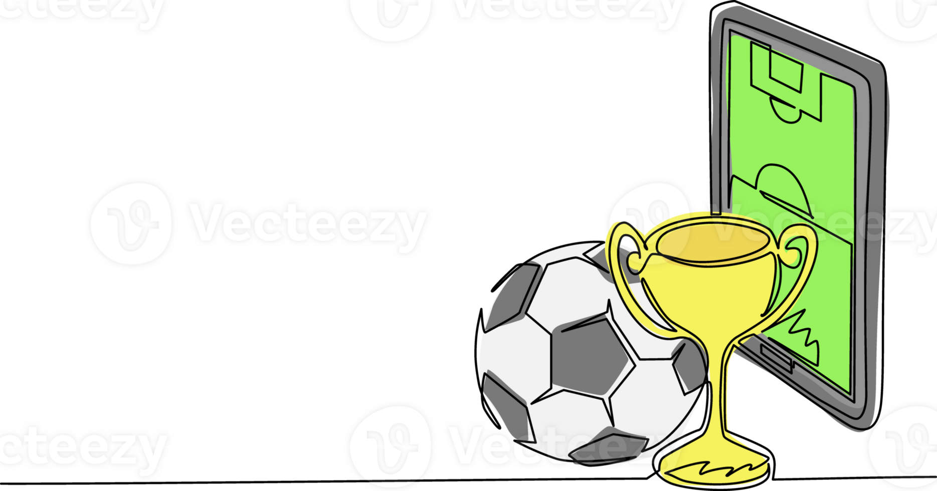 Single continuous line drawing football field on screen smartphone with soccer cup and football ball. Mobile football soccer. Mobile sports play match. One line draw graphic design illustration png