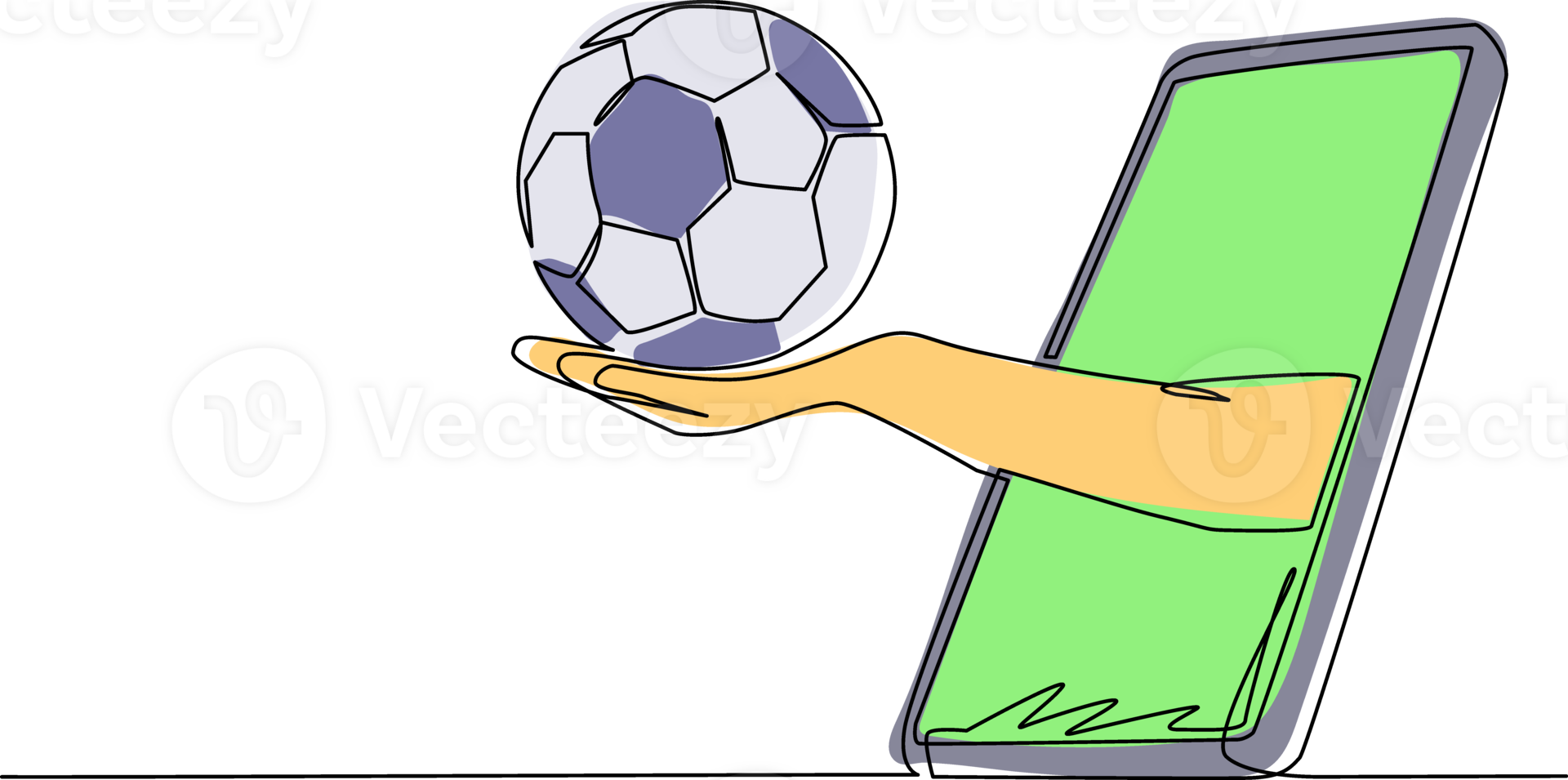 Single continuous line drawing hand holds soccer ball through smartphone. Concept for online games, sports broadcasts