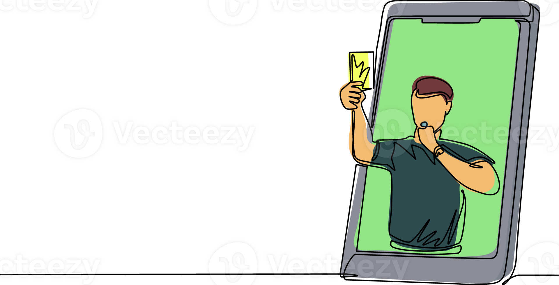 Continuous one line drawing soccer referee showing yellow card out of smartphone screen. Smartphone with app soccer football. Mobile sports stream championship to play. Single line draw design png