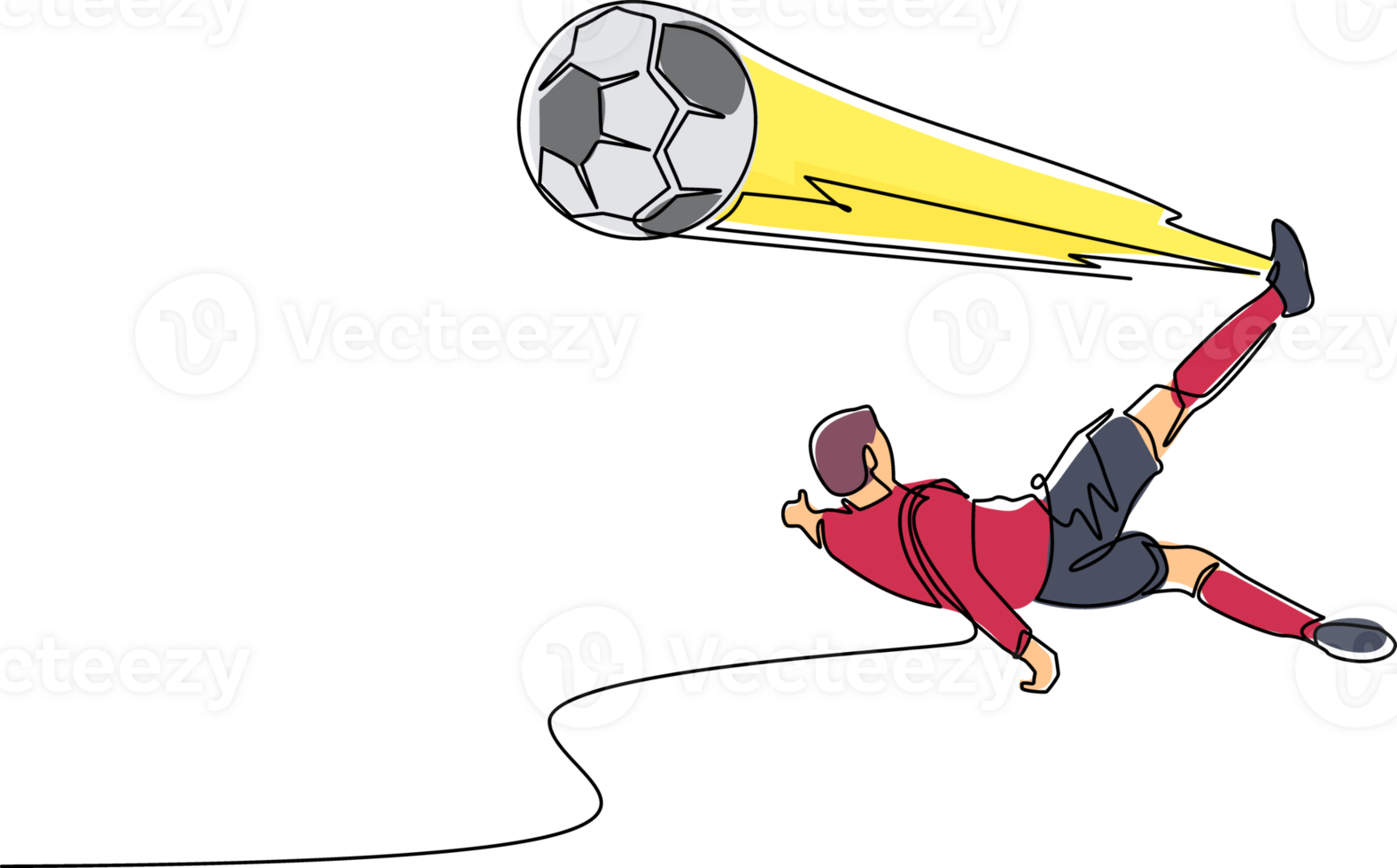 Single one line drawing soccer player doing overhead kick shot. Soccer player in action of jump over kick soccer ball to make score goal. Modern continuous line draw design graphic illustration png