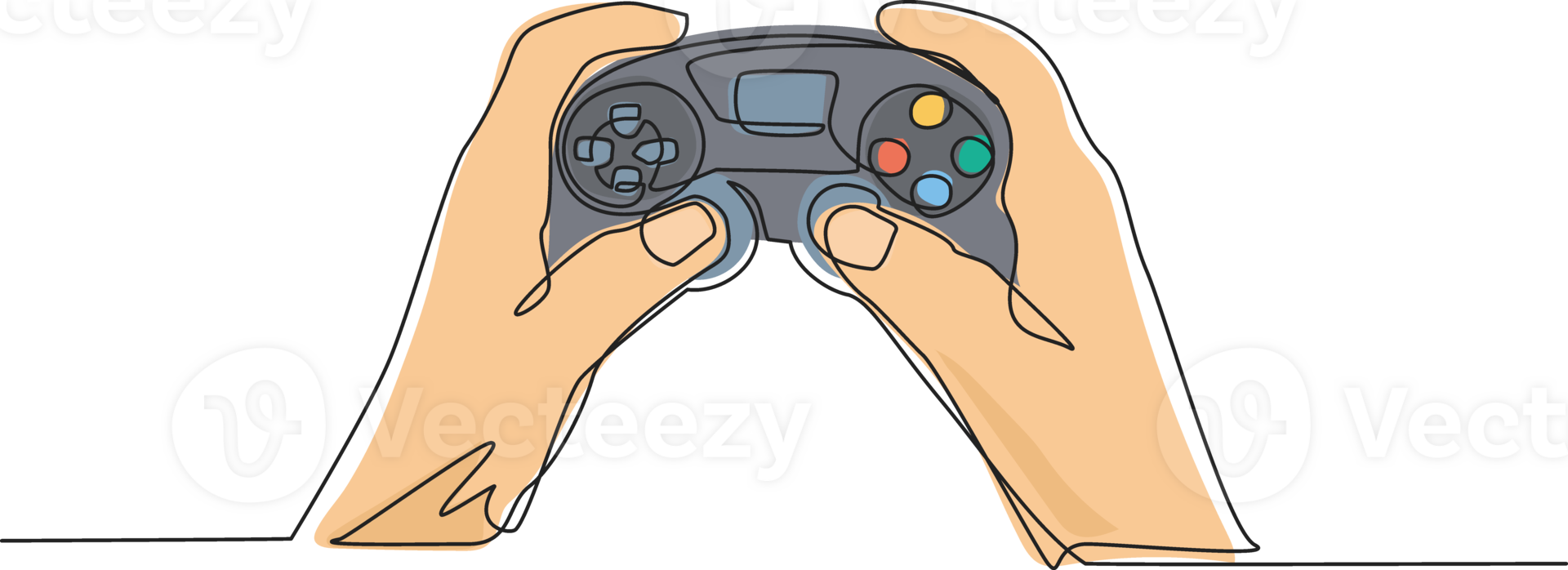 enda ett linje teckning ung man händer innehav video spel trösta. gamer innehav i hand gamepad. man spelar video spel. fritid tid på Hem. kontinuerlig linje dra design grafisk illustration png