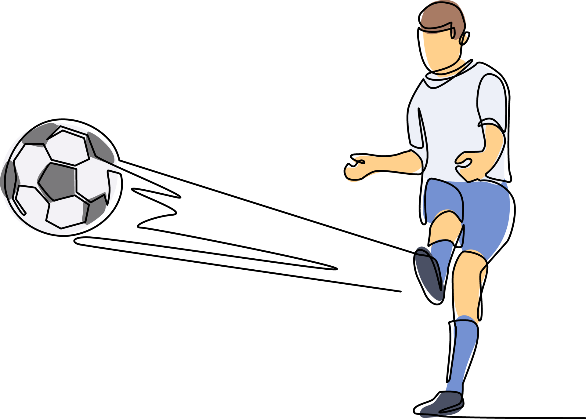 Single one line drawing soccer player kicks soccer ball. Football