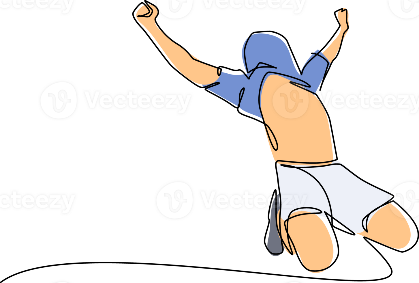 continuo uno linea disegno giovane uomo calcio giocatore è festeggiare obbiettivo su stadio con il suo maglia su testa. incontro calcio obbiettivo celebrazione concetto. singolo linea disegnare design grafico illustrazione png