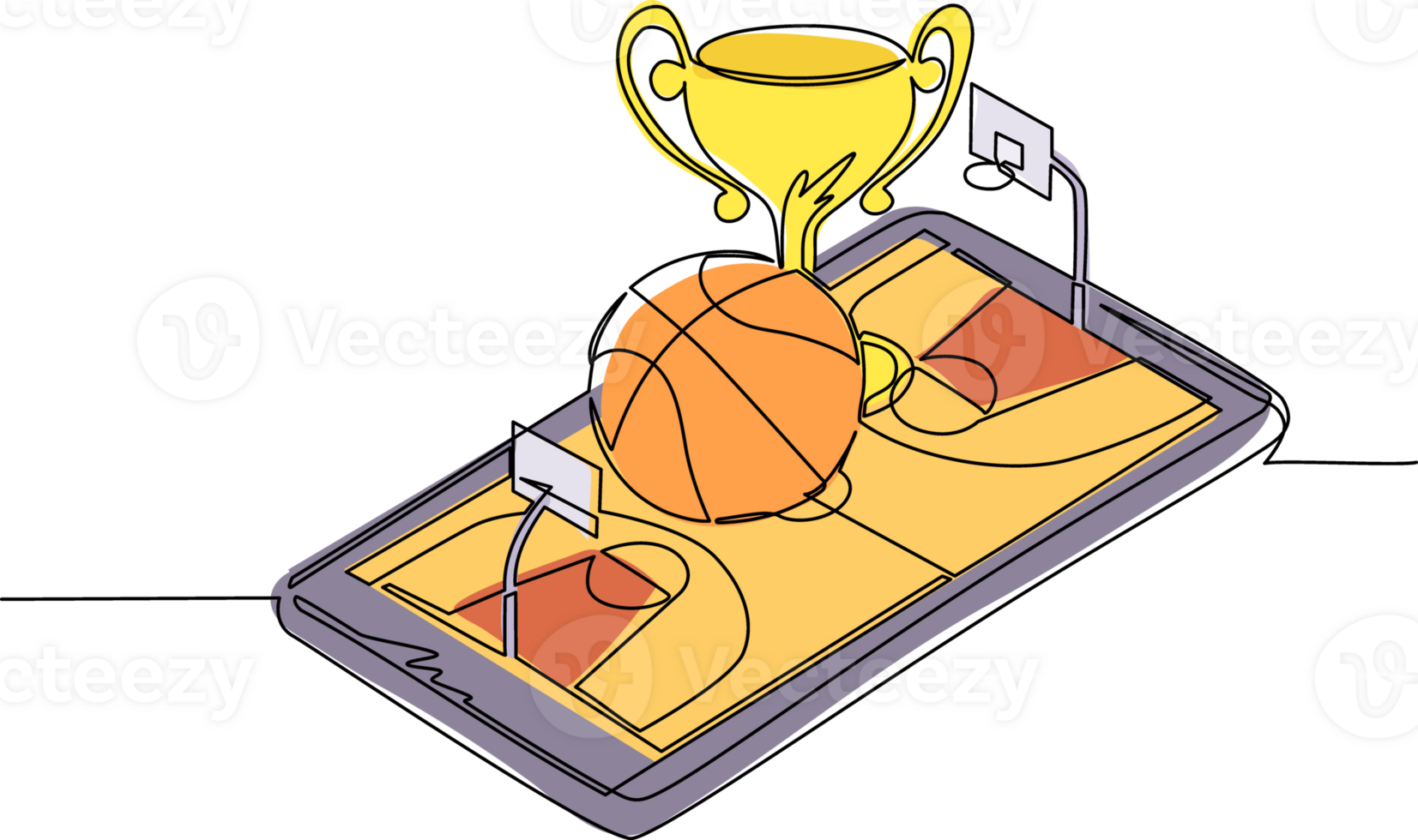 Continuous one line drawing basketball ball and trophy cup over virtual basketball court smartphone screen. Online basketball games. Smartphone application. Single line draw design illustration png