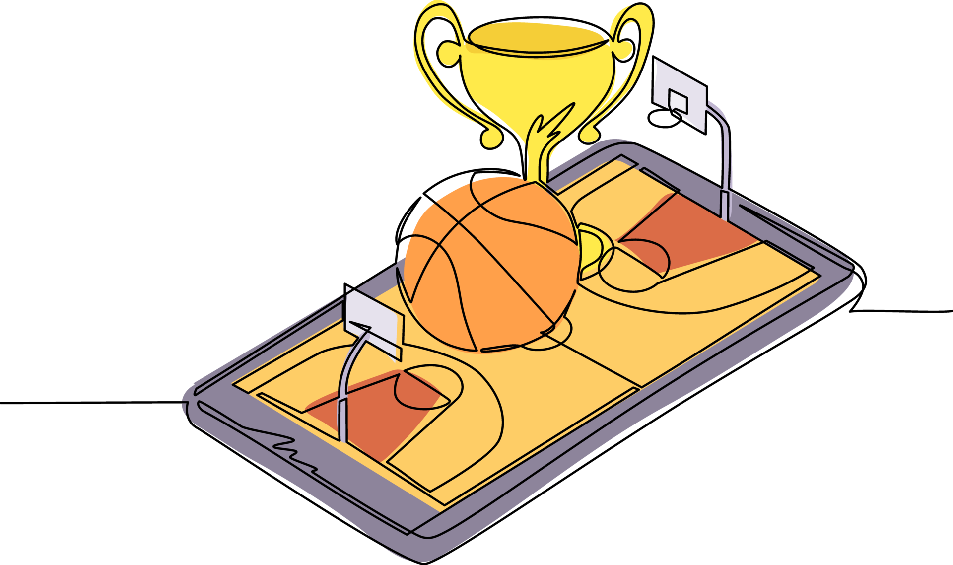 Continuous one line drawing basketball ball and trophy cup over virtual