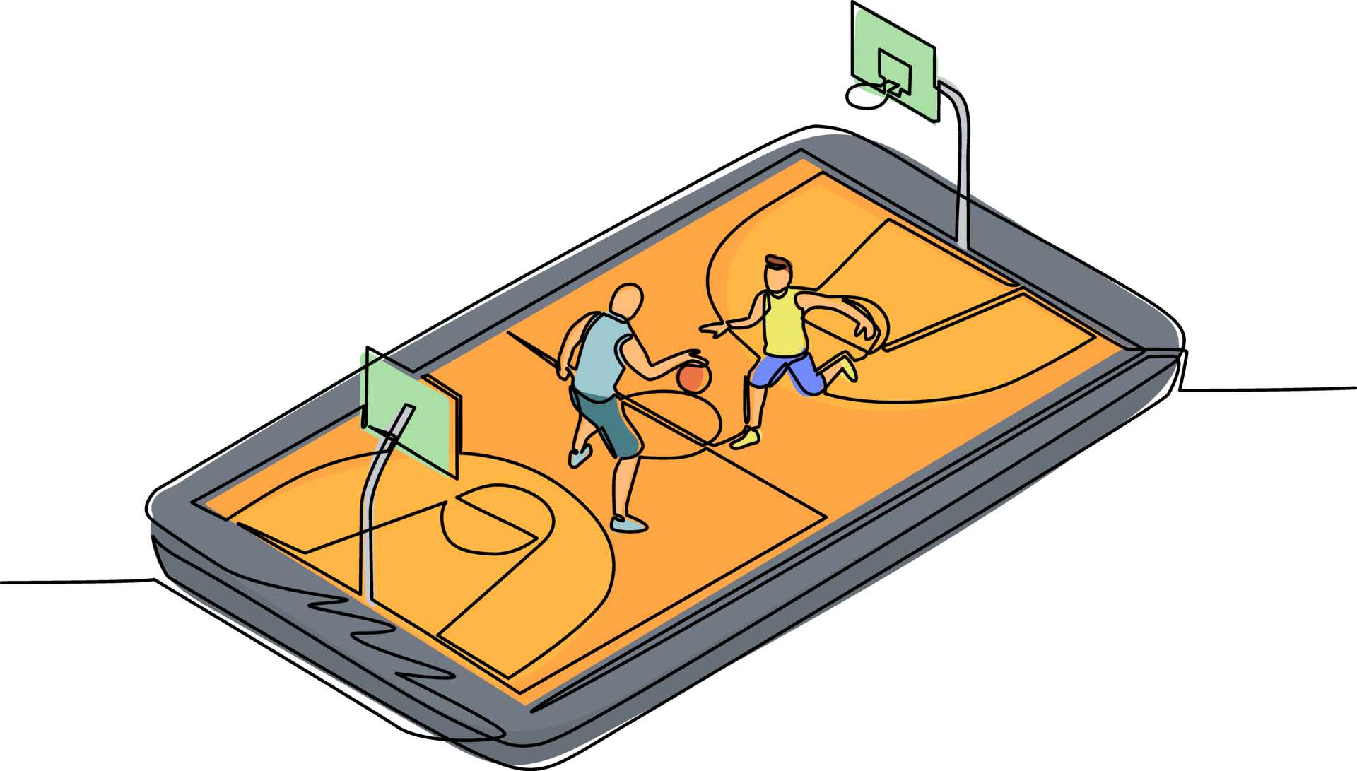 Single einer Linie Zeichnung Basketball Gericht mit zwei Spieler auf Smartphone Bildschirm. online Basketball Spiel, Handy, Mobiltelefon E-Sport