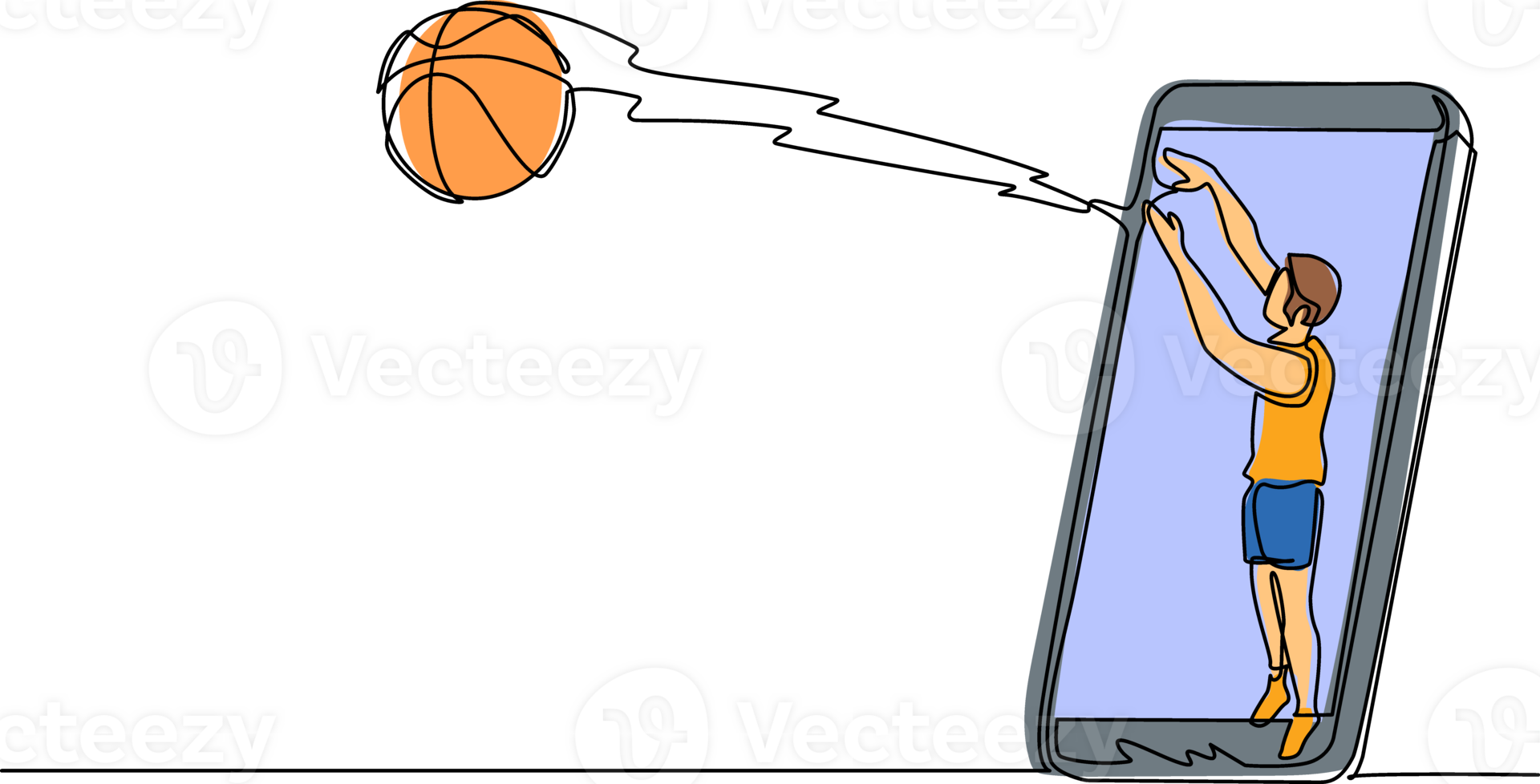 Continuous one line drawing basketball player shooting ball out of smartphone screen. Online basketball games. Smartphone applications