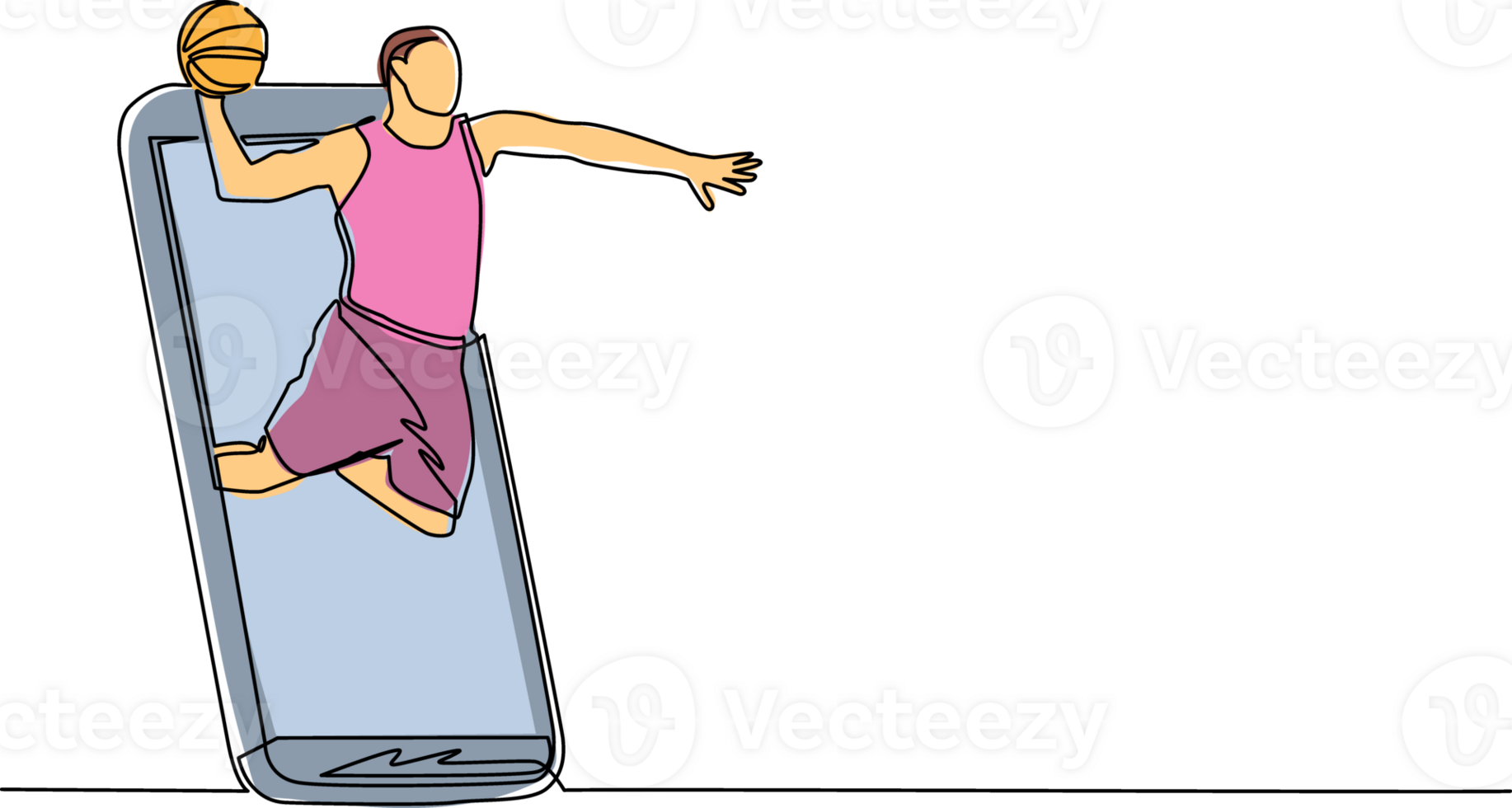 Single one line drawing basketball player jump and doing slam dunk ball out of smartphone screen. Online basketball game with live mobile app. Continuous line draw design graphic illustration png