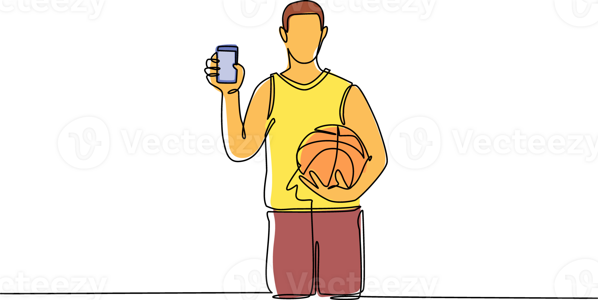 Single continuous line drawing basketball player holding basketball ball and smartphone. Smartphone with app basketball. Mobile sports stream championship to play. One line draw graphic design png