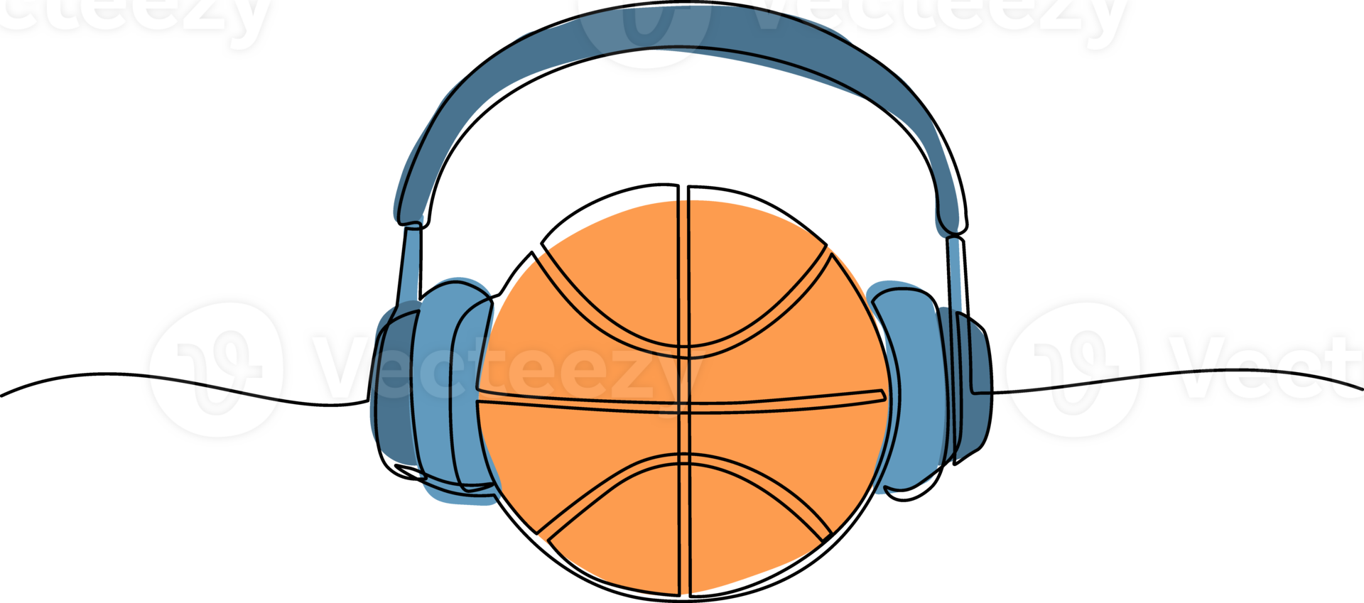 Single one line drawing basketball ball with headphone. Basketball commentator sport icon concept isolated. Flat cartoon style suitable for web, banner, sticker. Continuous line draw design png