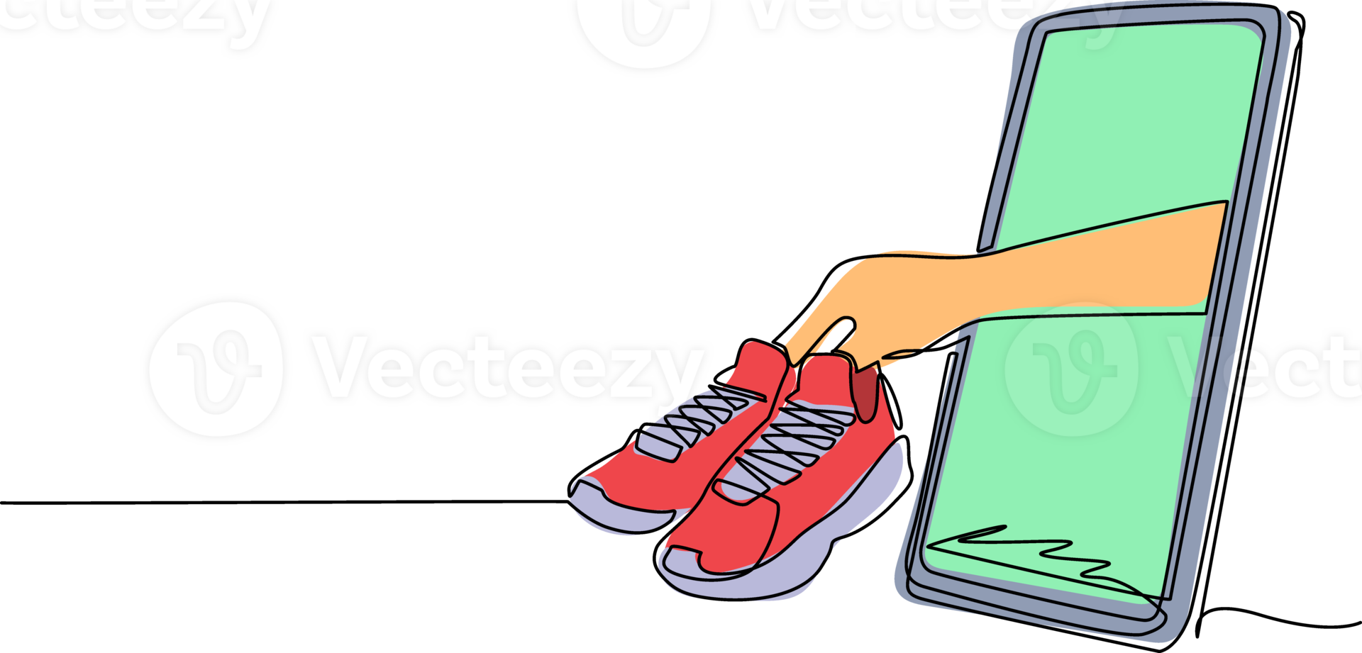 Single one line drawing basketball shoes in hand coming out from smartphone screen. Mobile