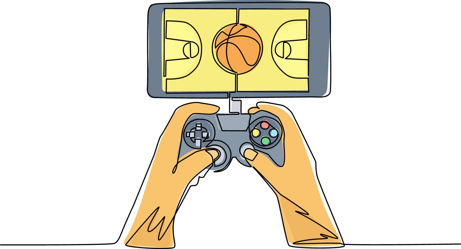 Single one line drawing smartphone connected with gamepad and playing