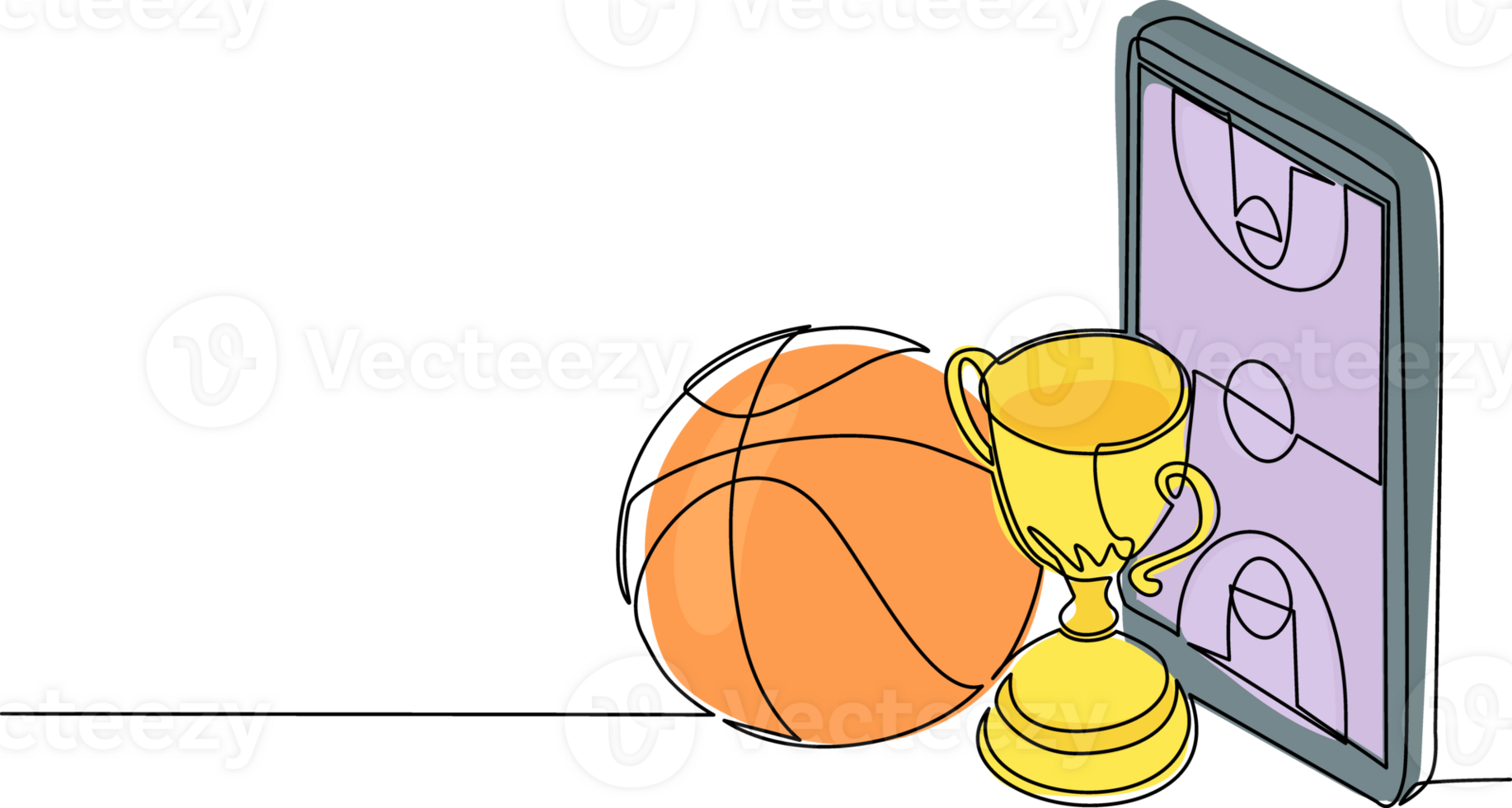Single continuous line drawing basketball court on screen smartphone with basketball cup and basketball ball. Mobile sport stream championship to play. One line draw graphic design illustration png