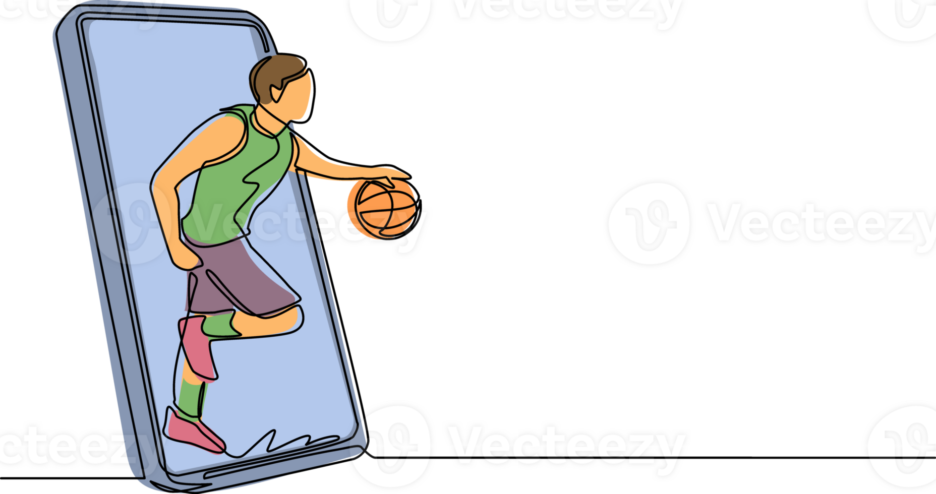 Single continuous line drawing basketball player running and dribbling with ball out of smartphone screen. Smartphone with app basketball. Dynamic one line draw graphic design illustration png