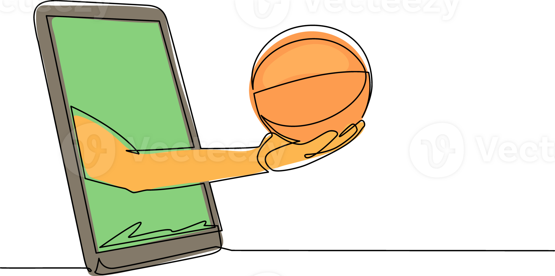 Single continuous line drawing player hand holds basketball ball through mobile phone. Smartphone with app basketball