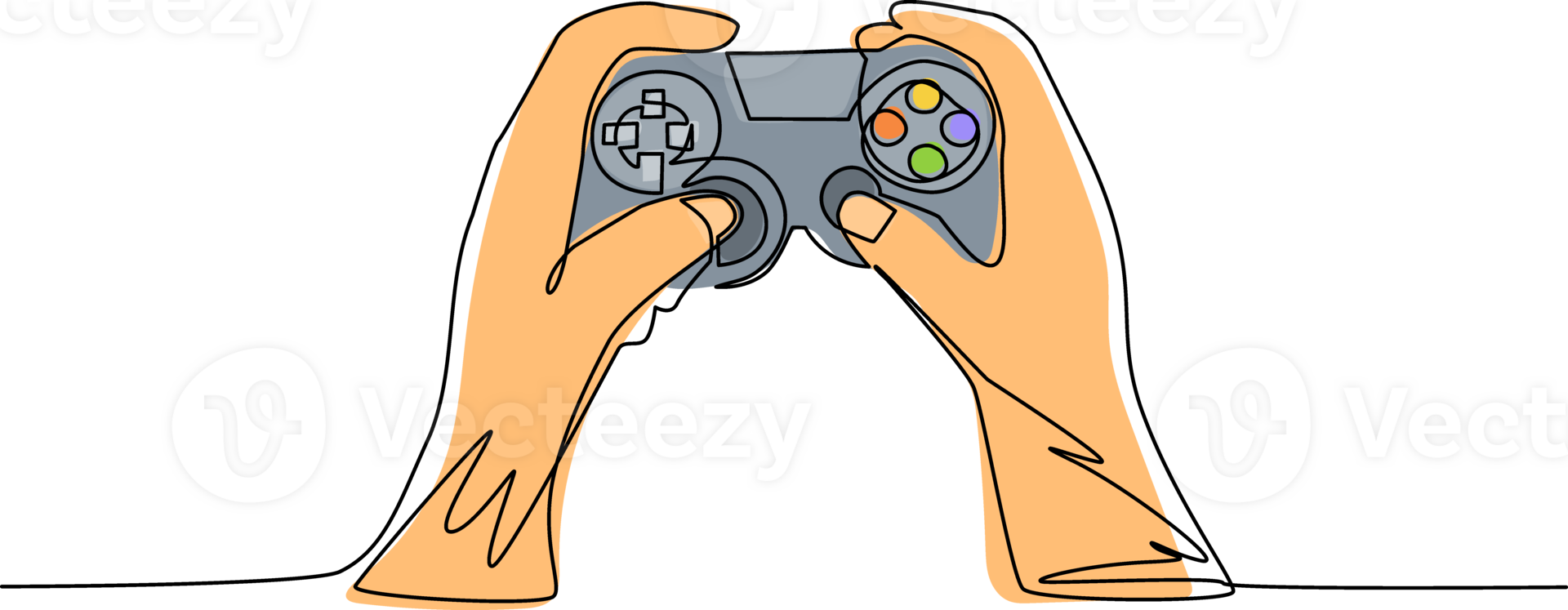 Single kontinuierlich Linie Zeichnung jung Mann Hände halten Video Spiel Konsole. Spieler halten im Hand Gamepad. Mann spielen Video Spiel. Freizeit Zeit beim heim. einer Linie zeichnen Grafik Design Illustration png