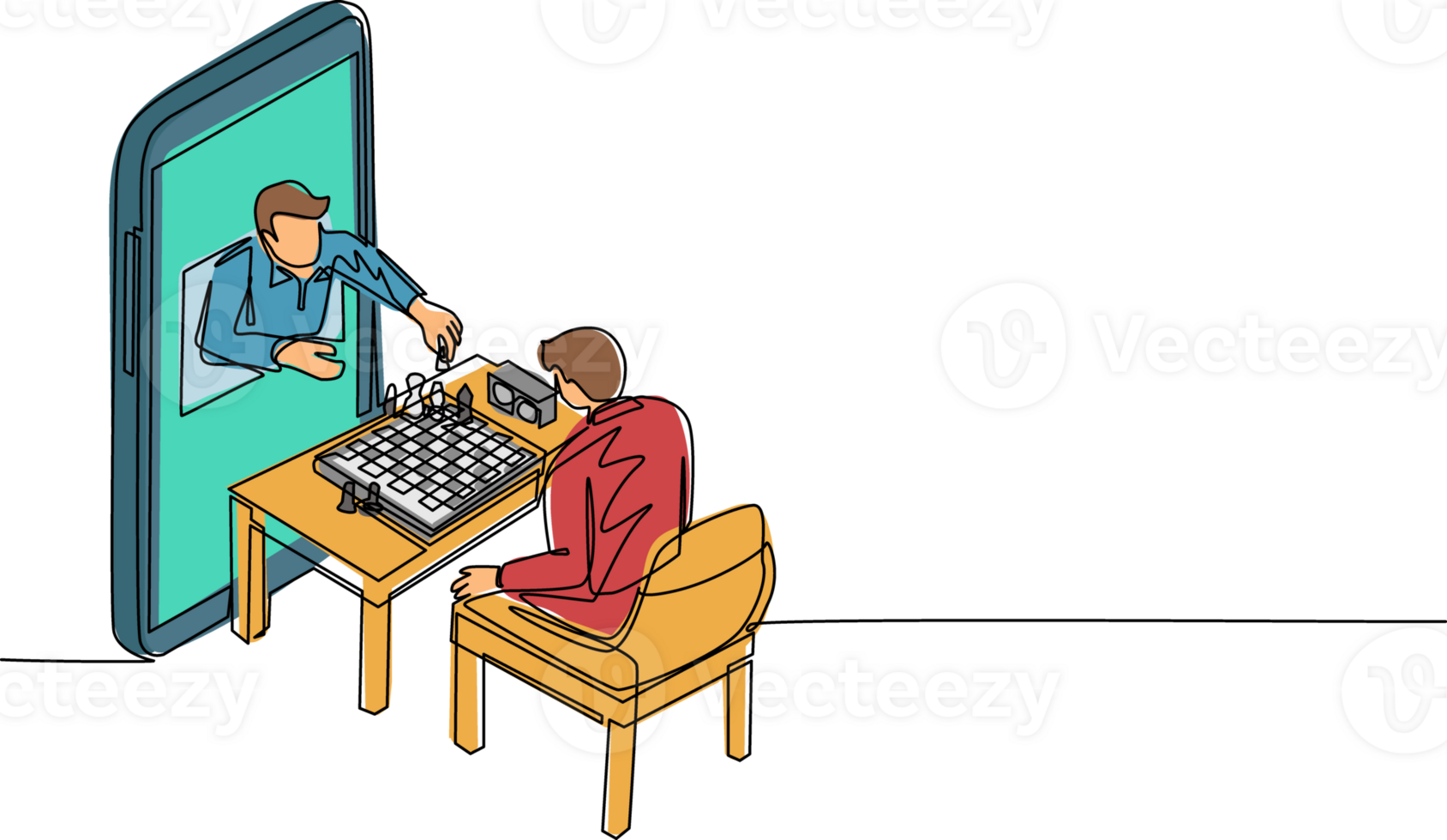 kontinuierlich einer Linie Zeichnung online Schach Bildung Konzept. zwei jung Mann Sitzung beim Tabelle mit Schachbrett. Lehrer zeigt an Wie zu abspielen von Smartphone. Single Linie zeichnen Design Illustration png