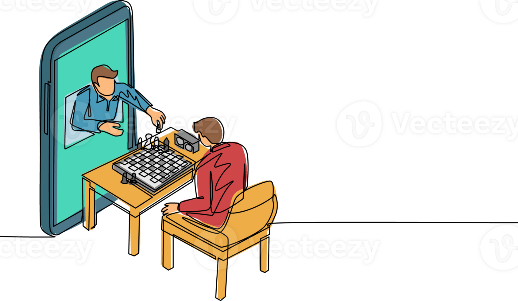 Continuous one line drawing online chess education concept. Two young man sitting at table with chessboard. Teacher shows how to play from smartphone. Single line draw design illustration png