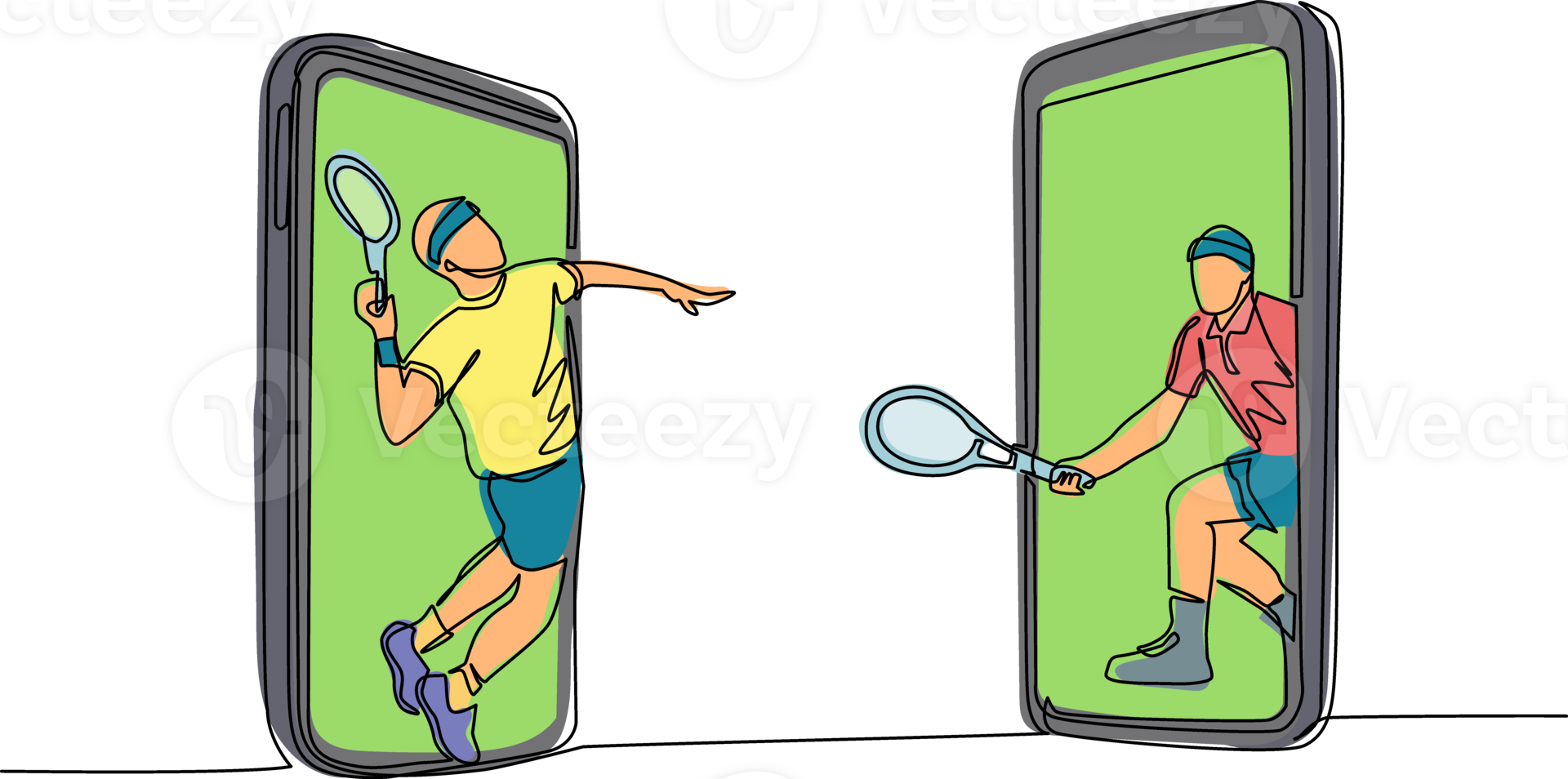 Single continuous line drawing two tennis players comes out from cellular phone ready to play. Two men tennis players in tennis court and one serving tennis ball isolated. One line draw design png