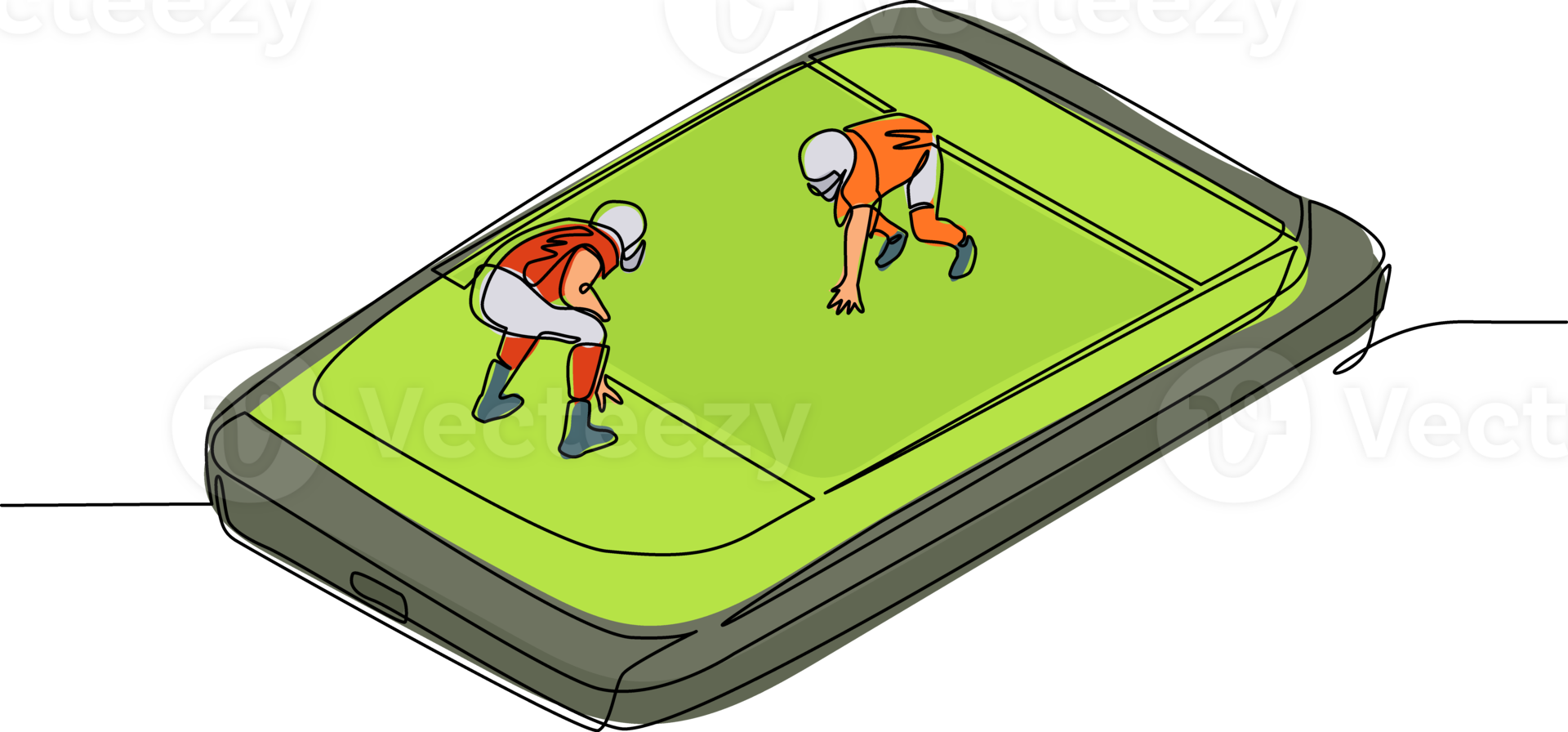 Single continuous line drawing american football field with two players on smartphone screen. Professional sports competition, american football game, mobile app. One line draw graphic design png