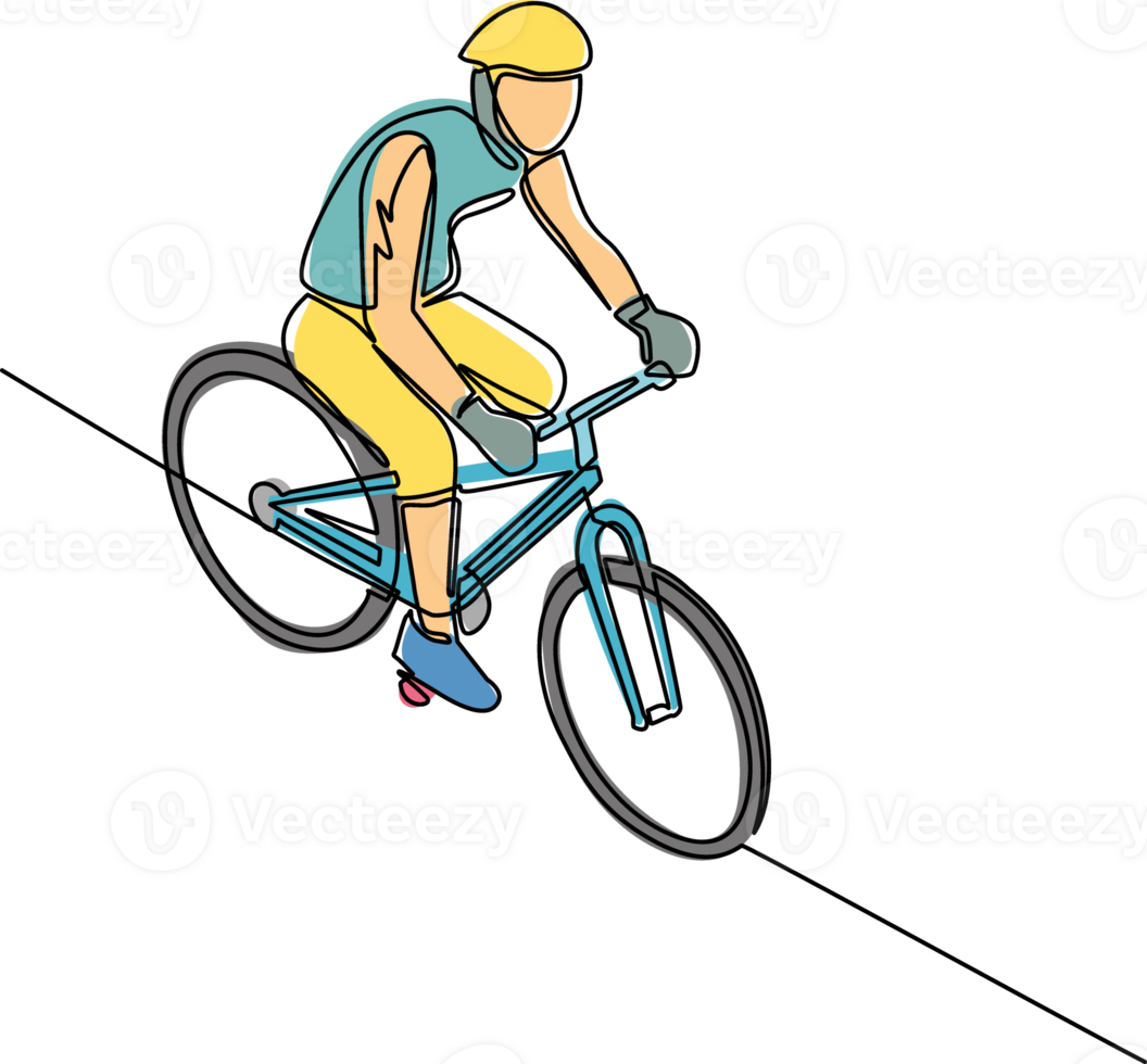 Continuous one line drawing Man in helmet and sportswear on a bicycle. A lone cyclist rides a bicycle on the road. An adult man in a helmet rides a bicycle on the road. Single line draw design png