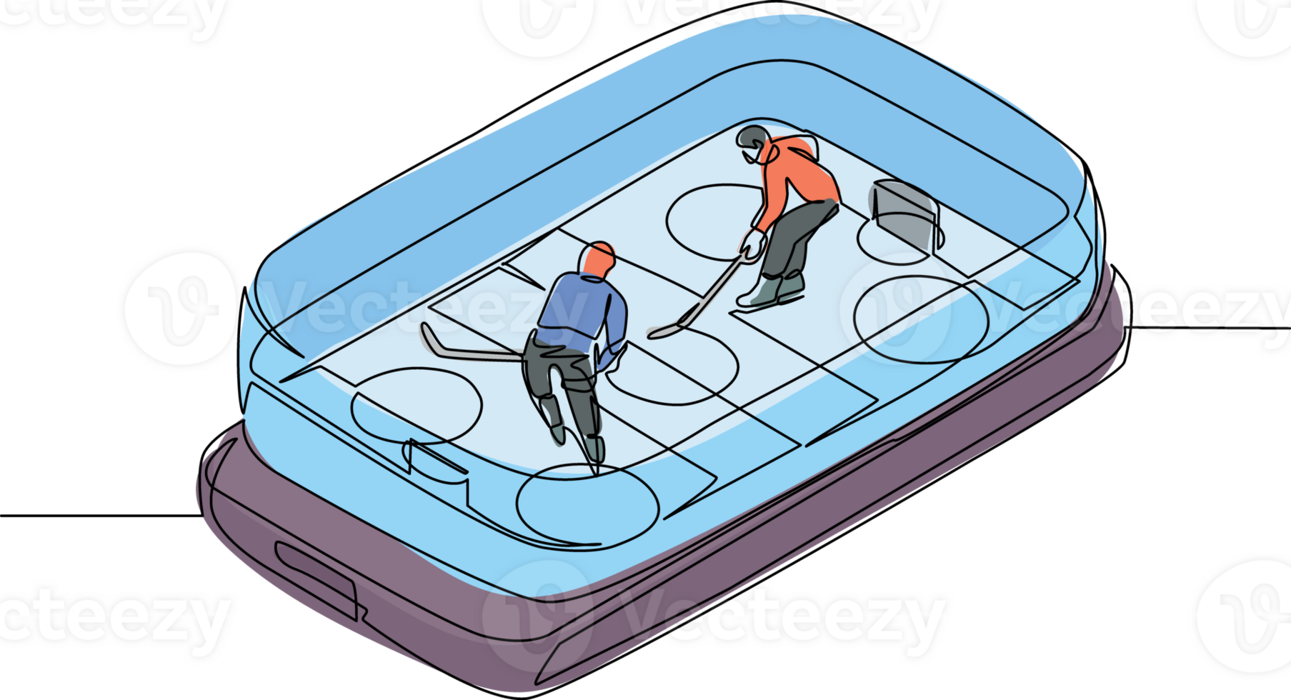 Single continuous line drawing ice hockey rink with two players on smartphone screen. Mobile ice hockey