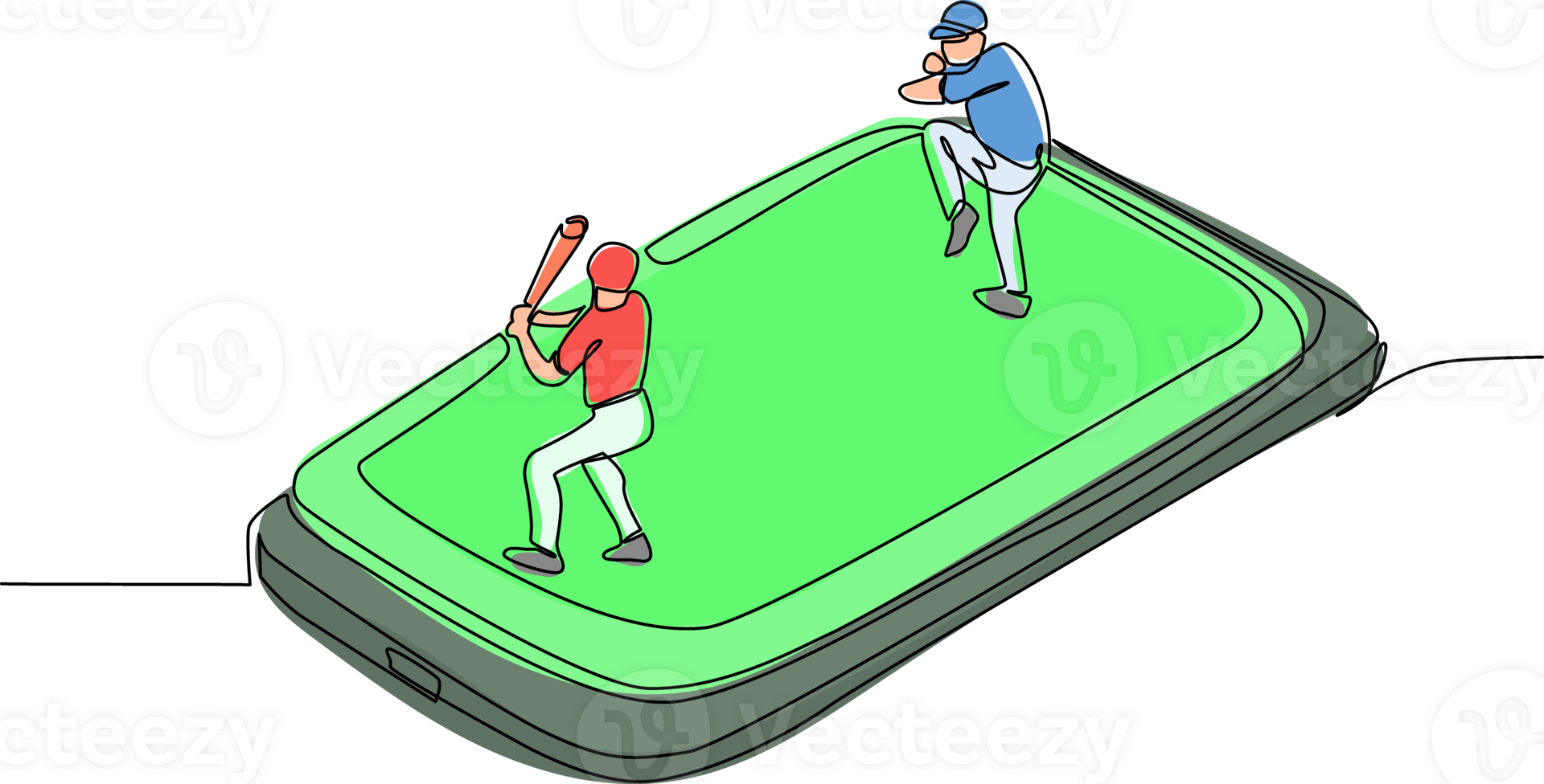 Continuous one line drawing baseball field with two players on smartphone screen. Online baseball games. Smartphone applications