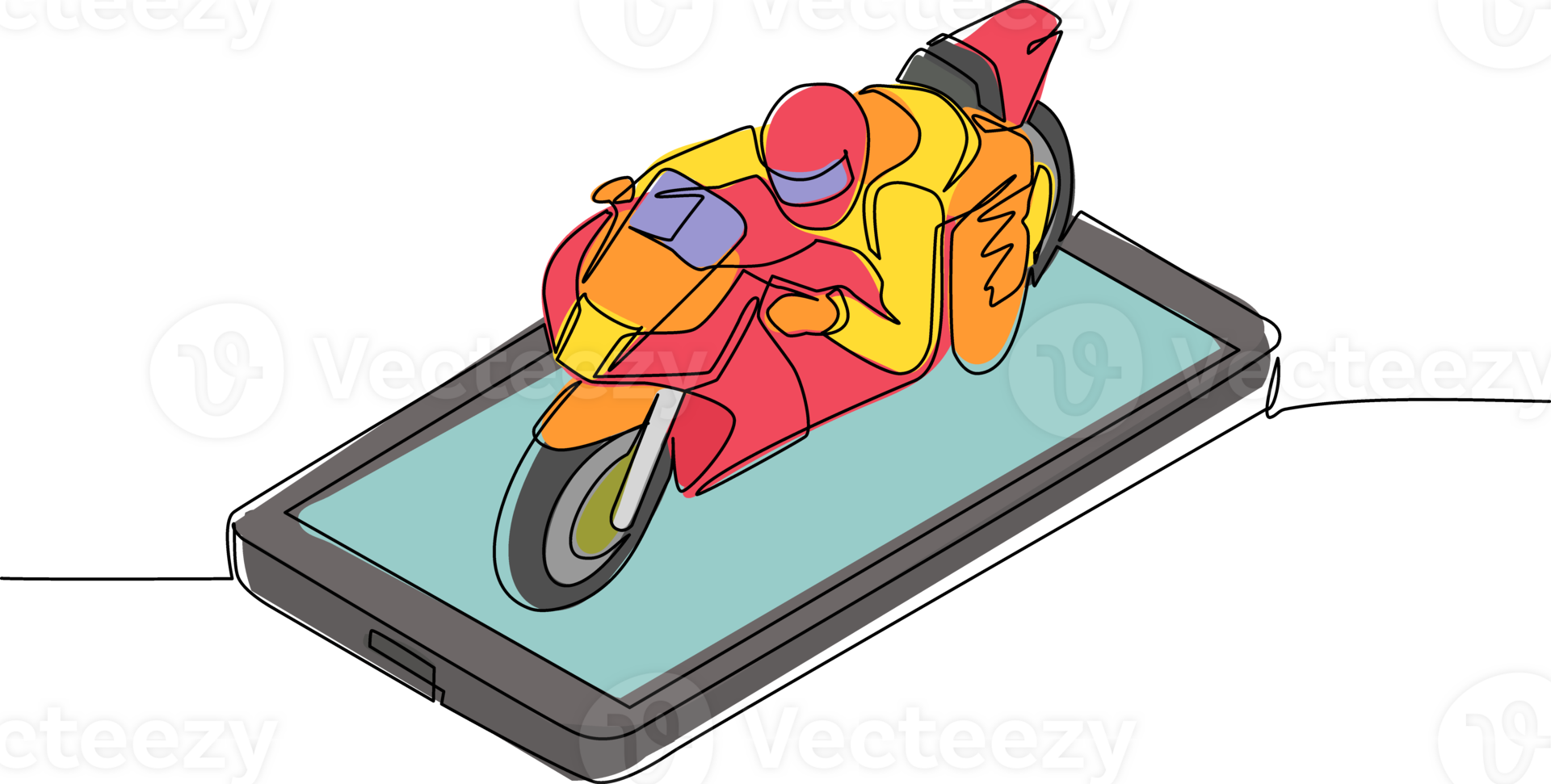 solteiro contínuo linha desenhando motociclista vestindo capacete, equitação motocicleta em Smartphone tela. homem dentro piloto macacão e capacete sentado em Esportes bicicleta. 1 linha desenhar gráfico Projeto ilustração png