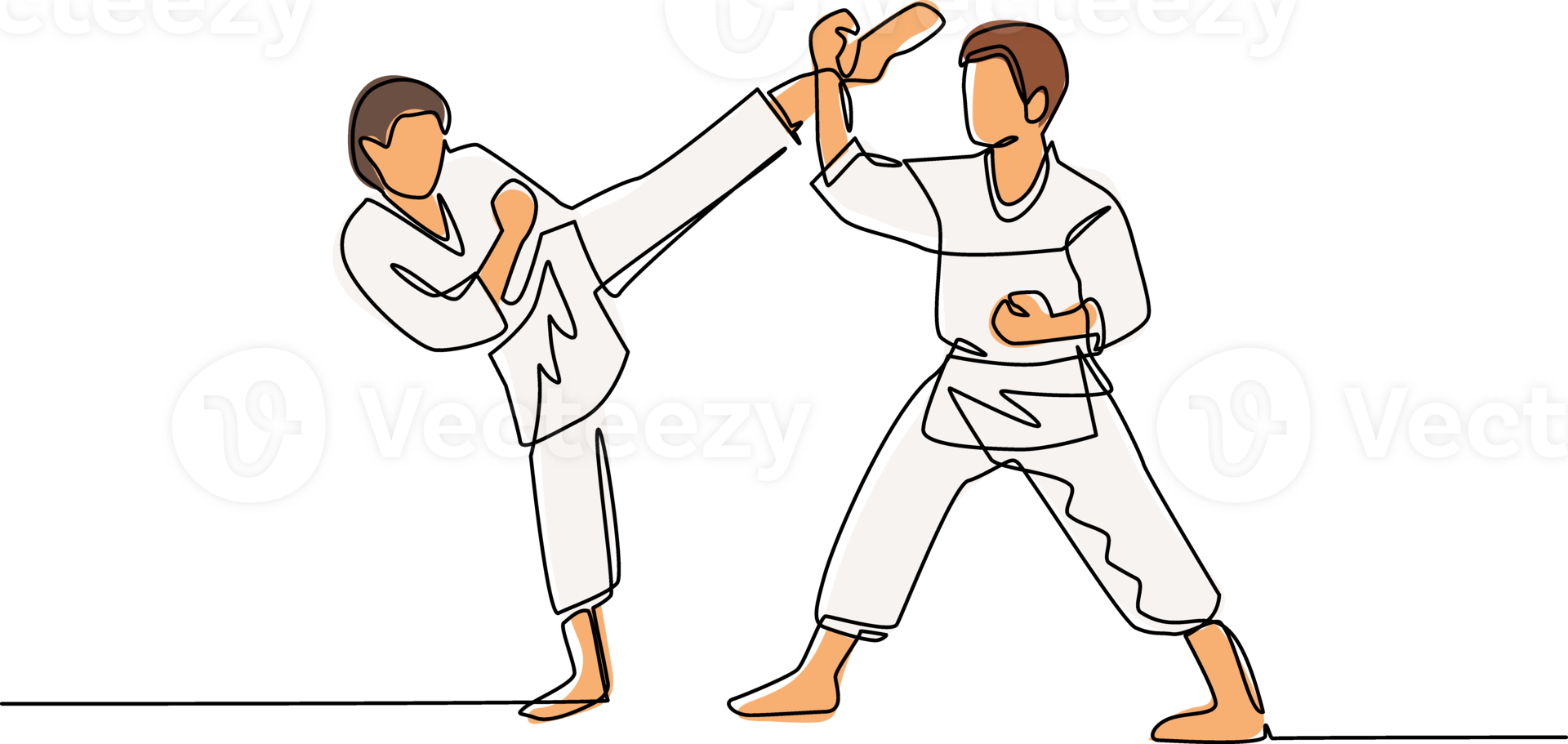 Continuous one line drawing two karate men fighters ready to fight. Professional karate sport fighters standing fighting practicing karate together. Single line draw design graphic illustration png