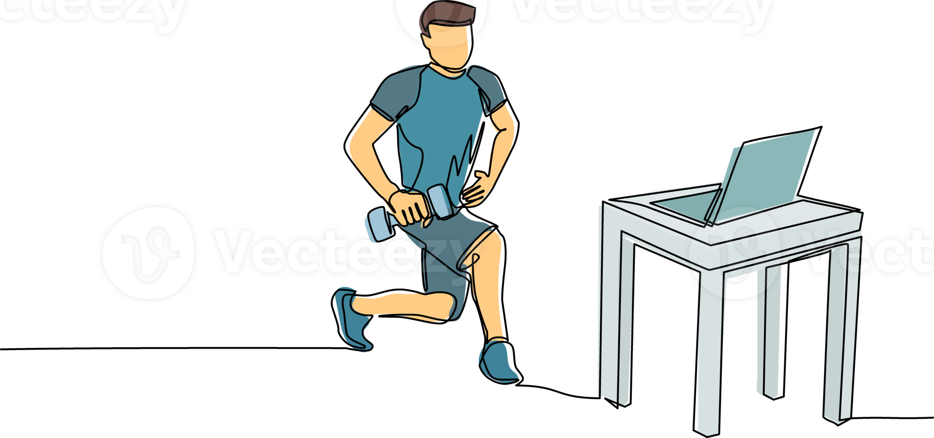 Single one line drawing man doing fitness at home in online classes using his laptop. Fitness online course concept. Online sports training on laptop. Modern continuous line draw design graphic png
