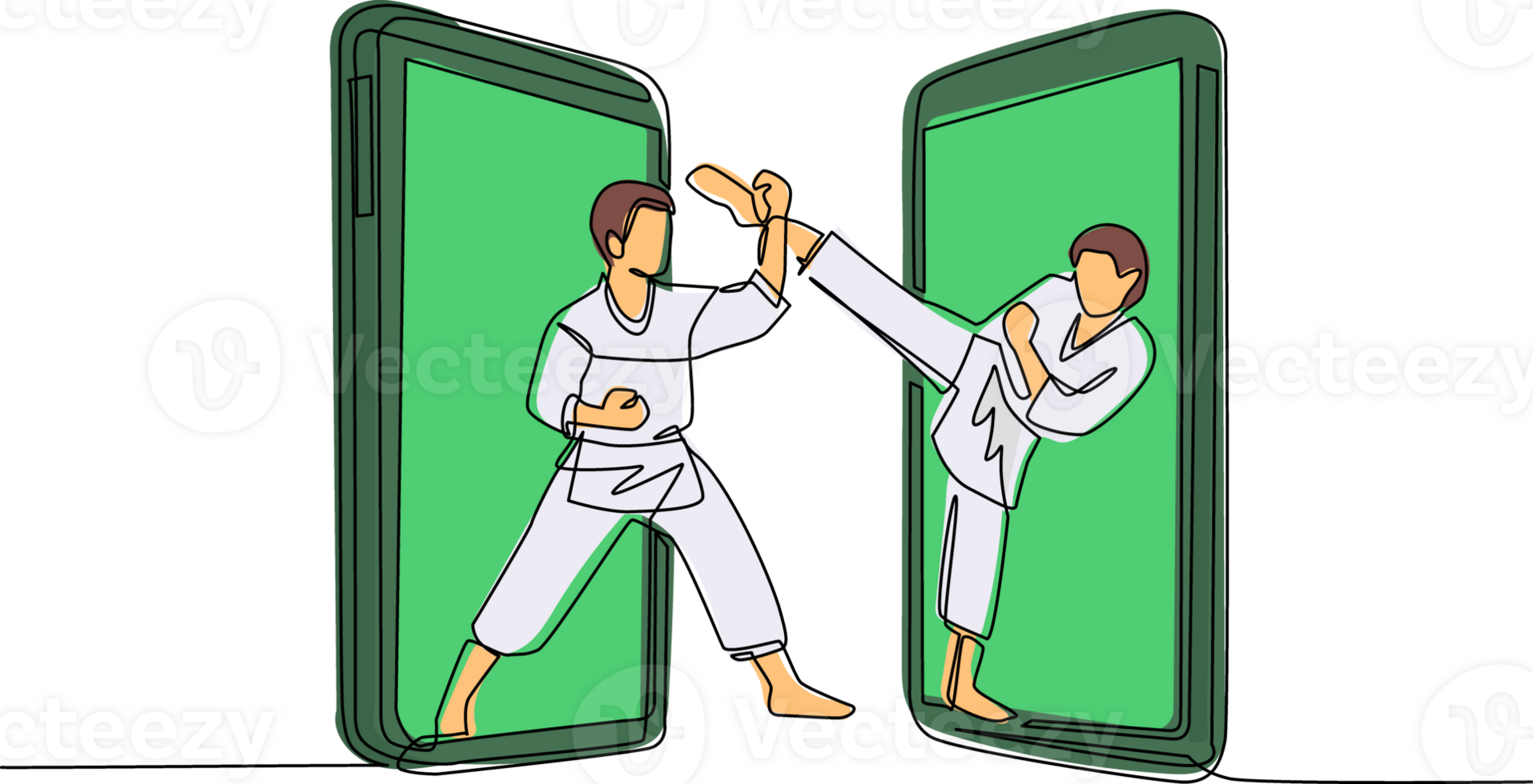 Continuous one line drawing two karate fighters comes out from cellular phone ready to fight. Professional karate fighters standing fighting practicing karate together. Single line draw design png