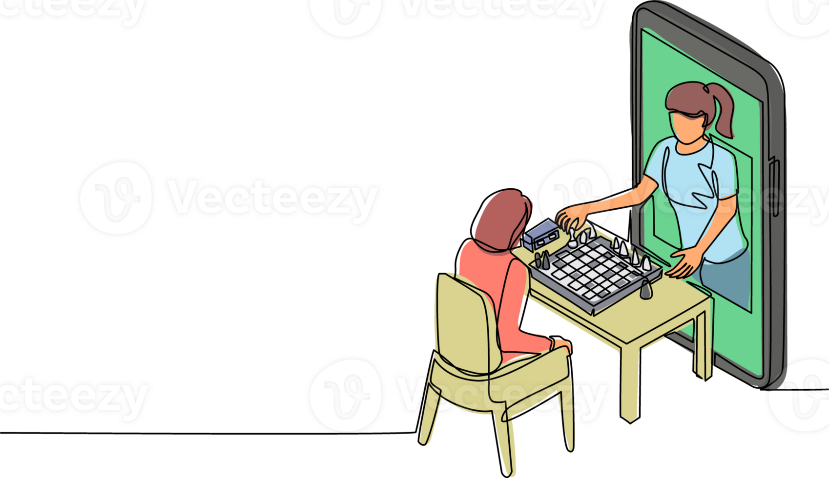 Continuous one line drawing online chess education concept. Two woman sitting at table with chessboard. Teacher shows how to play from smartphone. Single line draw design graphic illustration png