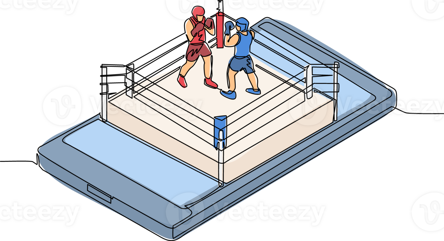 Single continuous line drawing boxing ring with two boxers on smartphone screen. Professional sports competition, boxing fight duel during match, mobile app. One line draw design illustration png