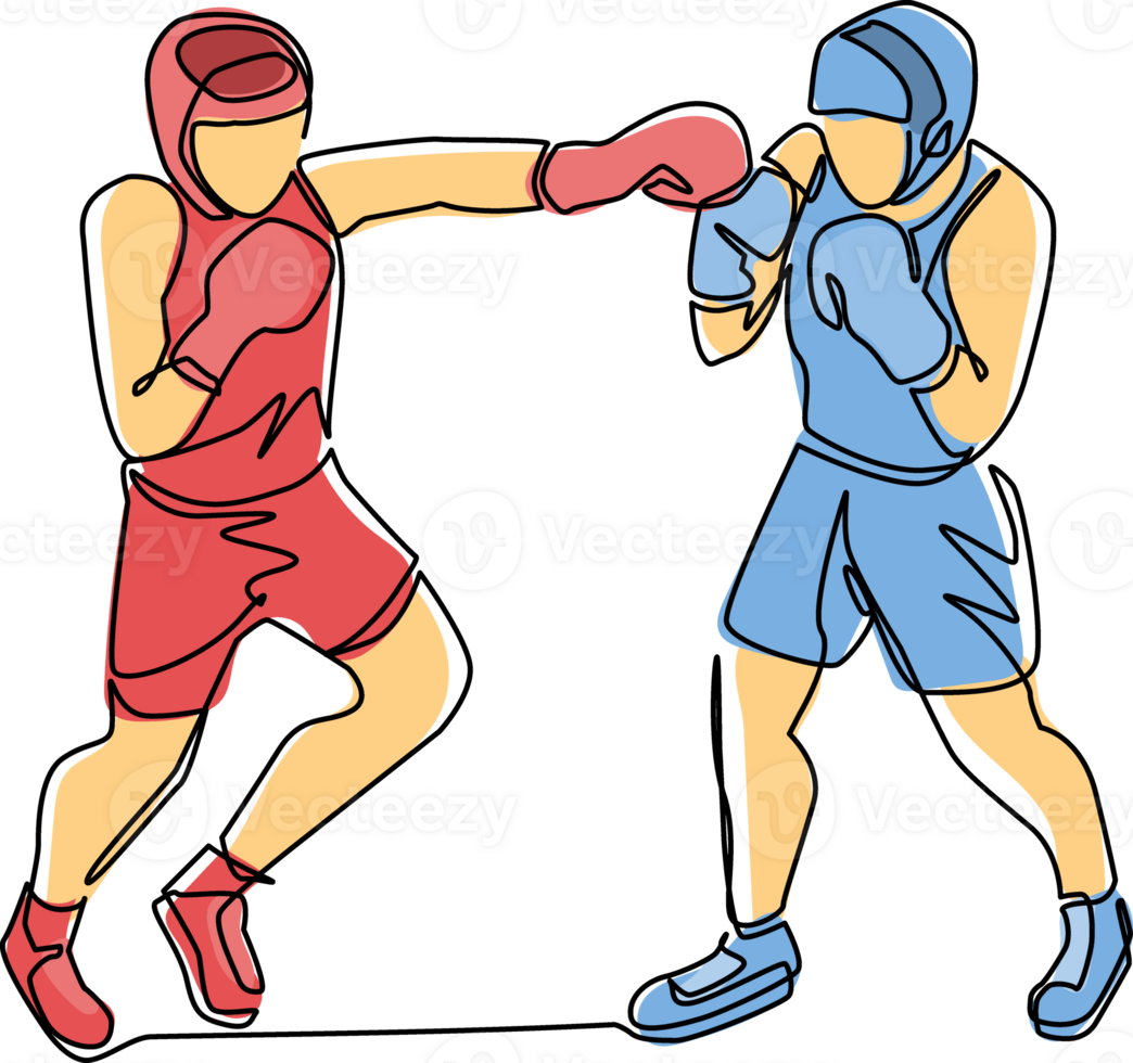 Continuous one line drawing boxers fighting on ring, opponents in shorts and gloves fight on arena with spotlights and ropes. Competition. Dangerous sport. Single line draw design illustration png