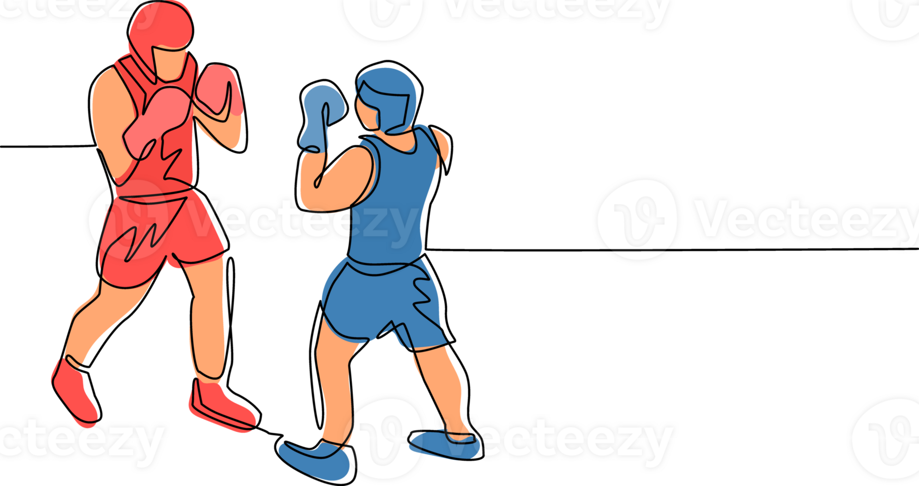 Single continuous line drawing boxers fighting on ring, opponents in shorts and gloves fight on arena with spotlights and ropes. Competition. Dangerous sport. One line draw design illustration png